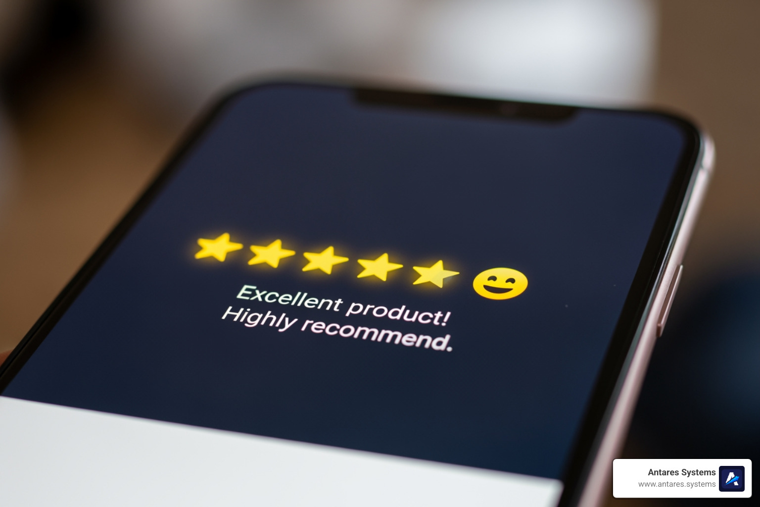 A positive customer review with five stars and a smiling face icon - online review management A positive customer review with five stars and a smiling face icon - online review management