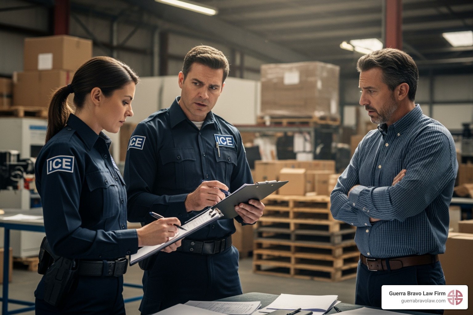 Image of ICE agents conducting a worksite inspection, with an employer looking concerned. - employer immigration compliance Image of ICE agents conducting a worksite inspection, with an employer looking concerned. - employer immigration compliance