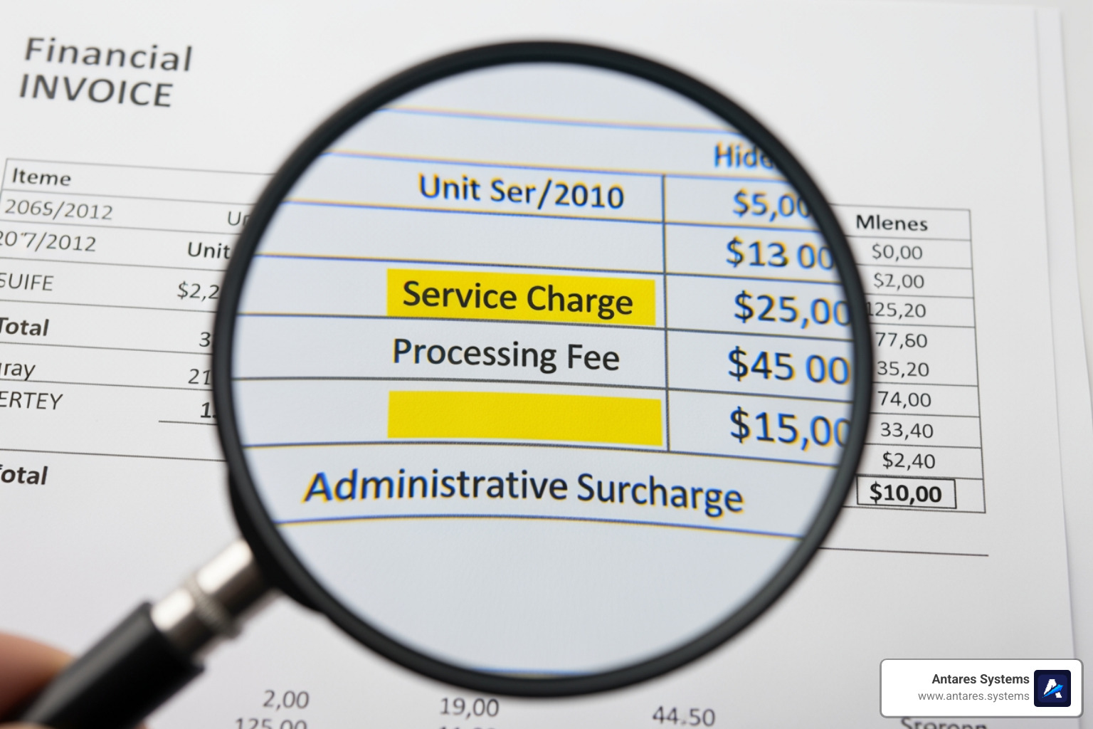 magnifying glass over an invoice highlighting hidden fees - affordable website development