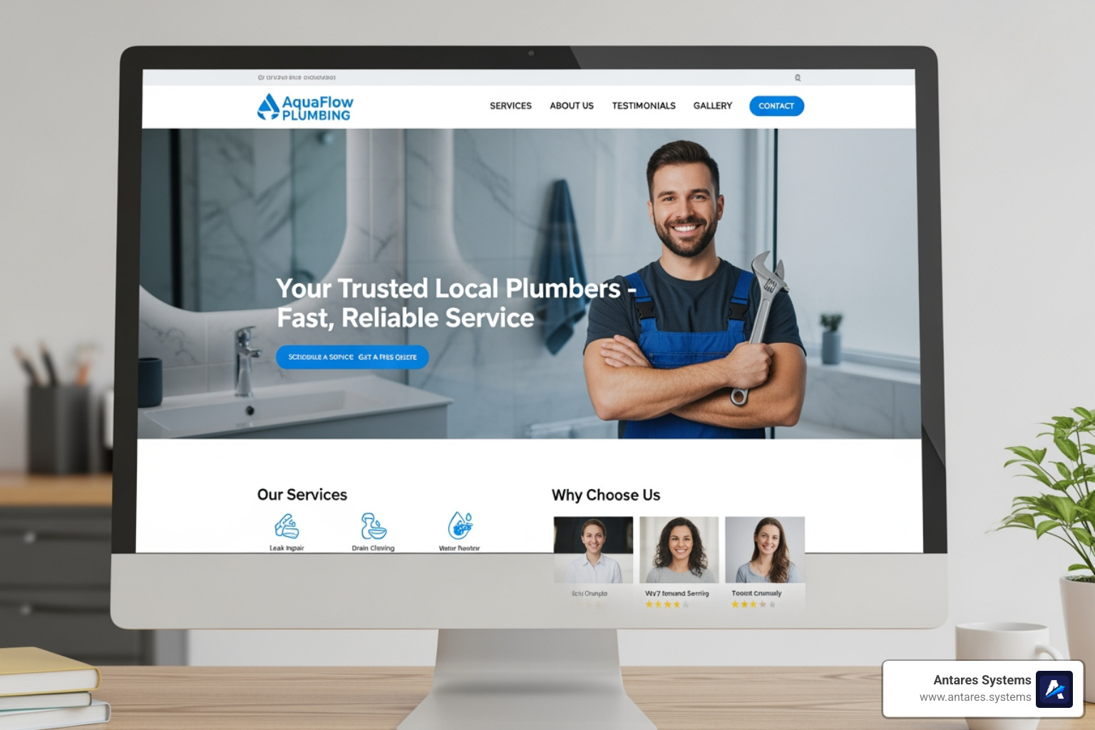 Website header with trust badges: 