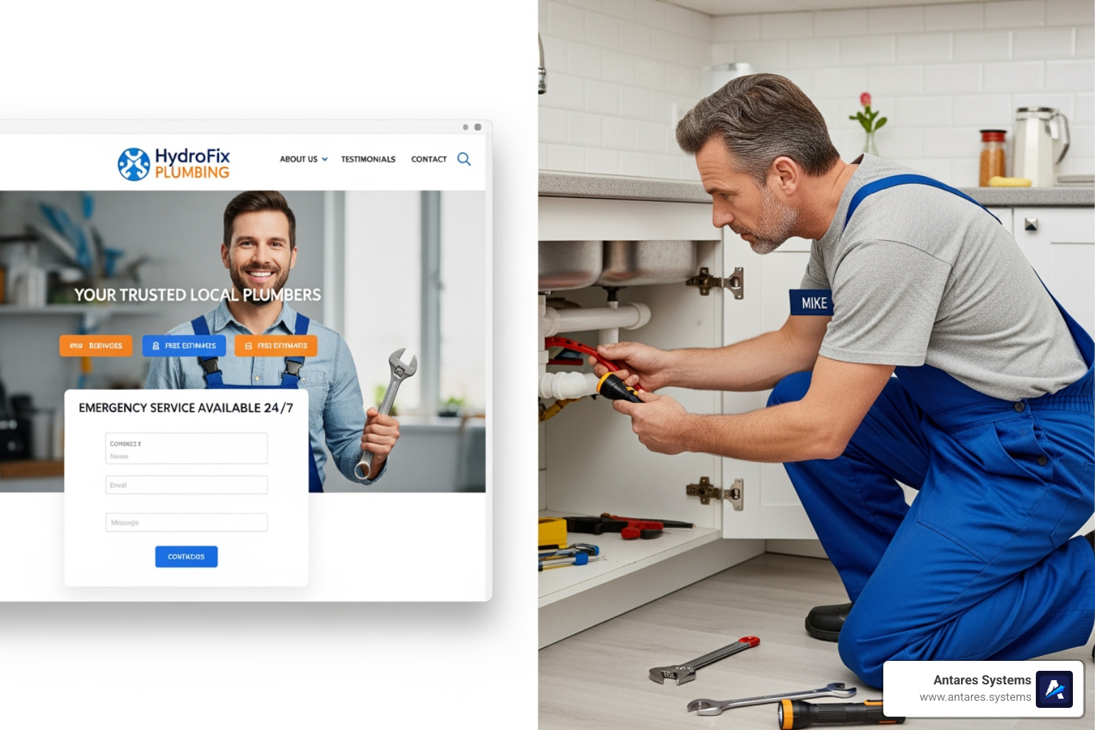 Comparison: cluttered, slow-loading site vs. clean, modern, fast design - Websites for plumbers