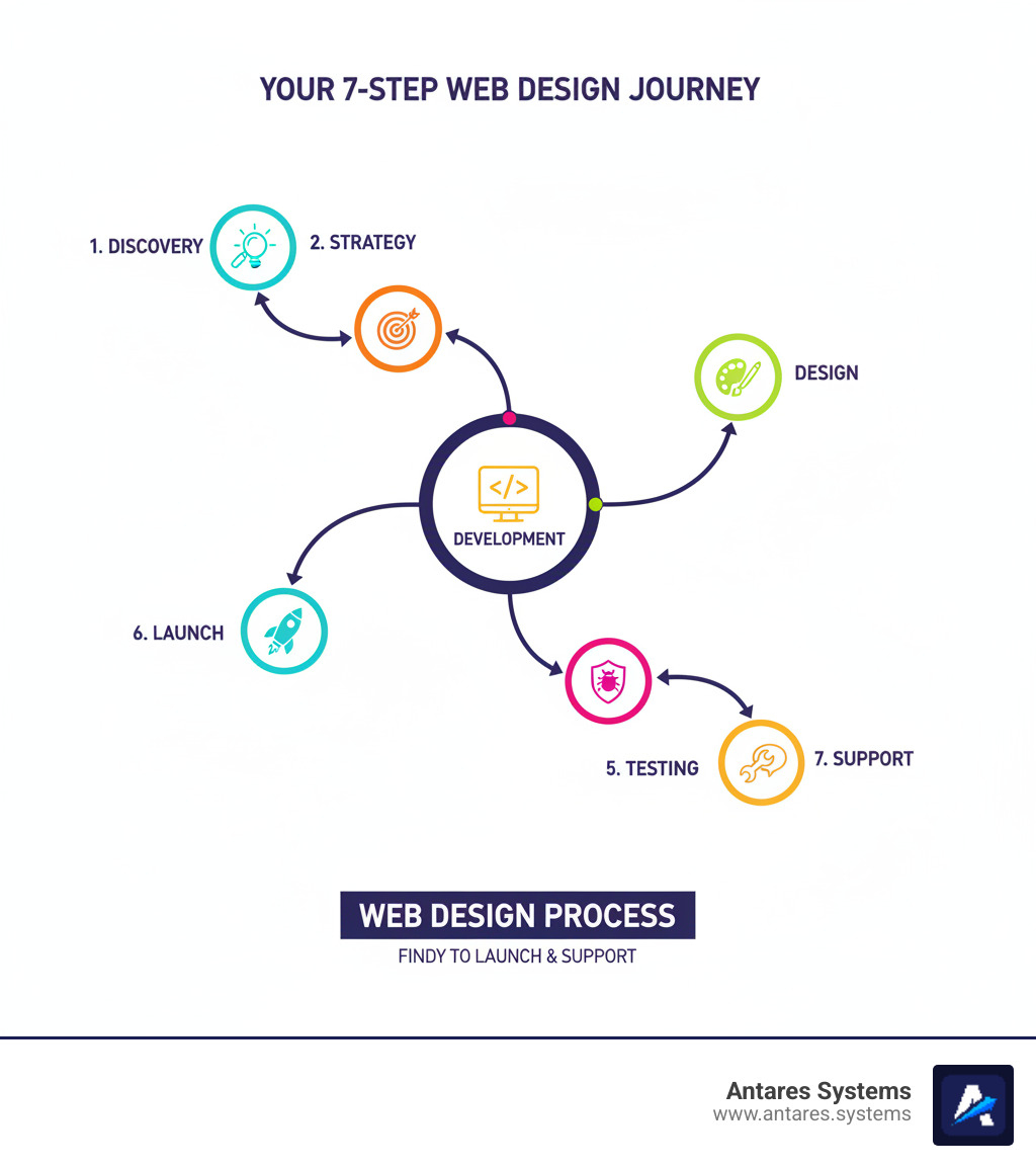 infographic showing the 7-step web design process from findy to launch and support - wordpress web design near me infographic 