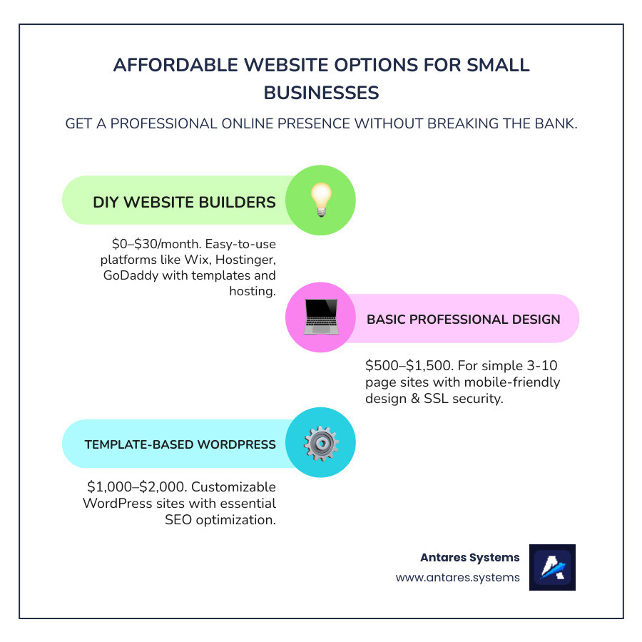 Infographic showing the cost breakdown of affordable small business websites: DIY website builders ranging from free to $30 per month with features like templates and hosting included, basic professional design packages from $500 to $1,500 for 3-10 pages with mobile-friendly design and SSL security, and template-based WordPress sites from $1,000 to $2,000 with customization and SEO optimization. All options include essential features like domain registration, responsive design, and basic security. - cheap small business website design infographic infographic-line-3-steps-colors