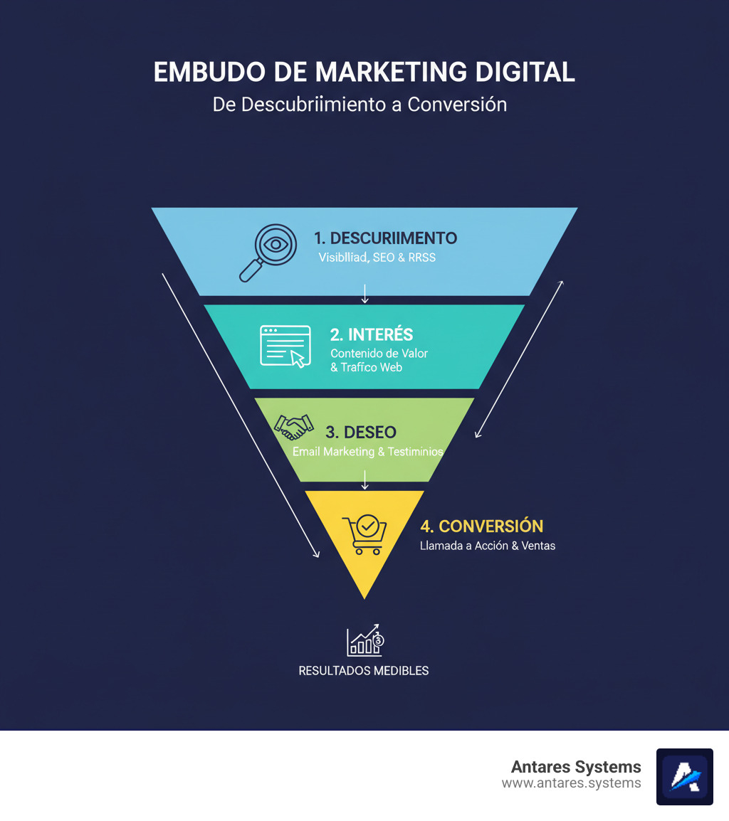 Infografía explicando el embudo de marketing digital desde el descubrimiento hasta la conversión - Agencia SEO marketing digital infographic 