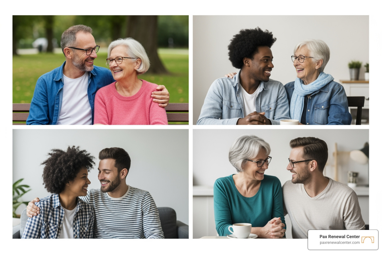 Diverse couples happily interacting in various settings, showing connection and understanding. - Online Couples Counseling