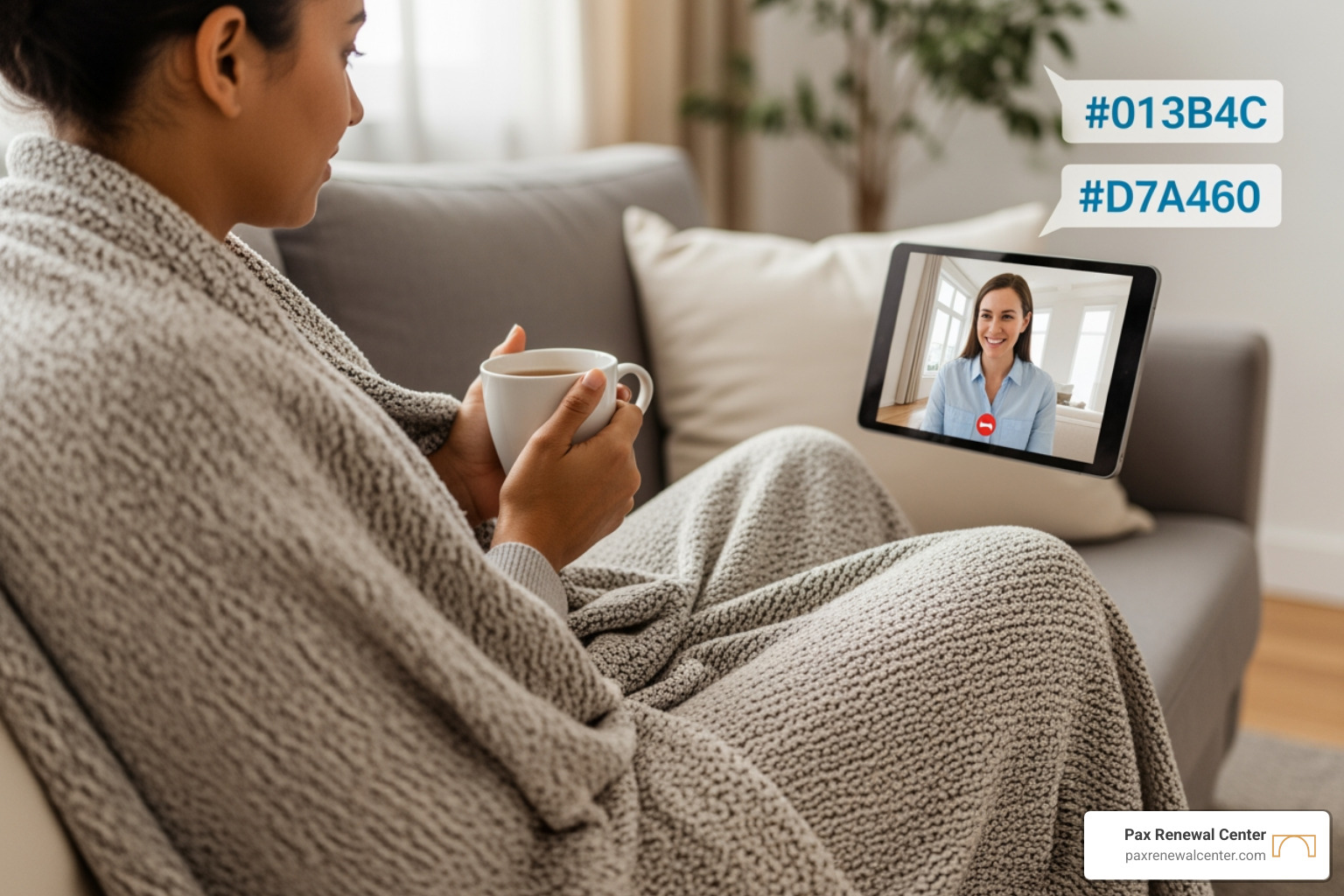A person talking to a therapist on a tablet from their couch, with a cozy blanket and a cup of tea. - Online Couples Counseling