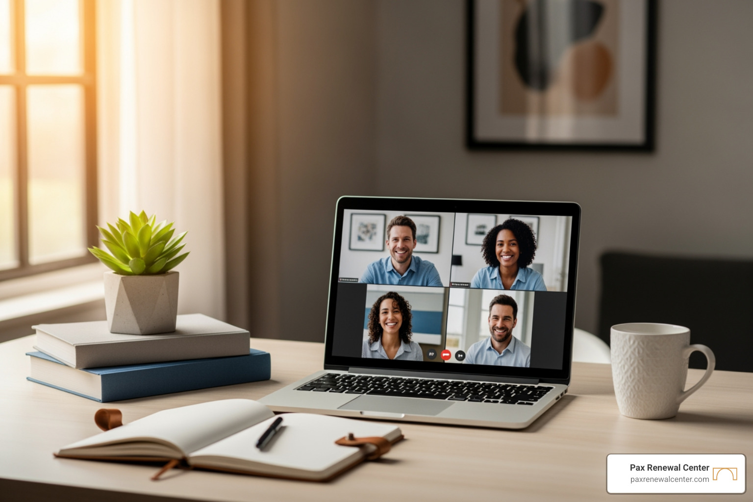A tidy and calm home desk setup for a virtual therapy session, with a laptop open to a video call, a notebook, and a plant. - Online Couples Counseling