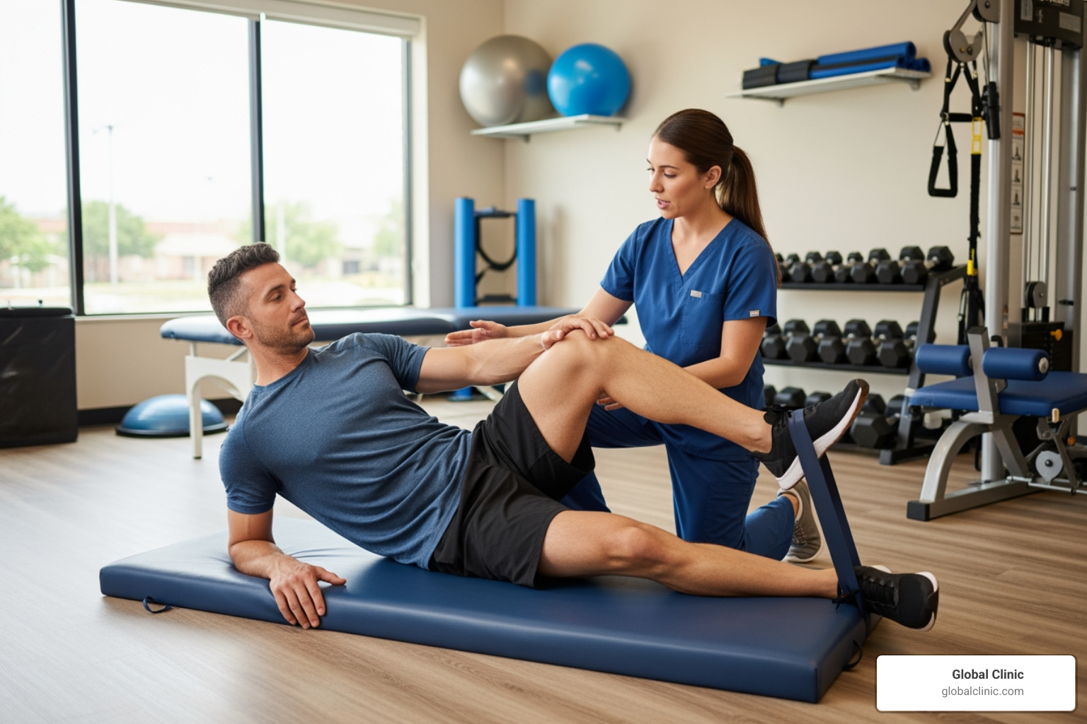 patient using resistance bands under the guidance of a therapist - how long is a physical therapy session