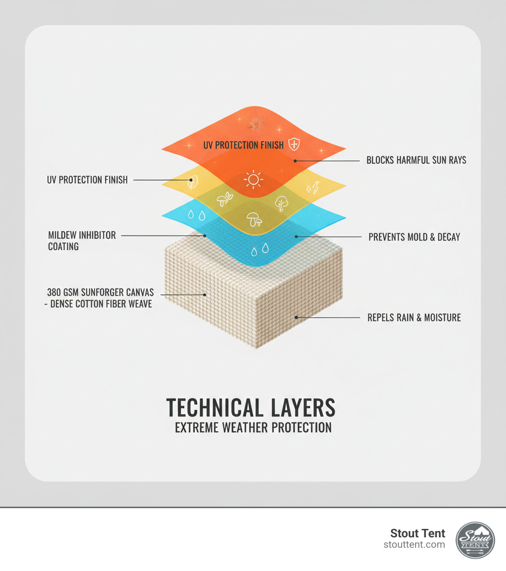 Infographic showing the technical layers of 380 GSM Sunforger canvas: dense cotton fiber weave at the base, water repellent treatment layer, mildew inhibitor coating, and UV protection finish, with annotations for each protective feature and its function in extreme weather conditions - Canvas Wall Tent infographic 