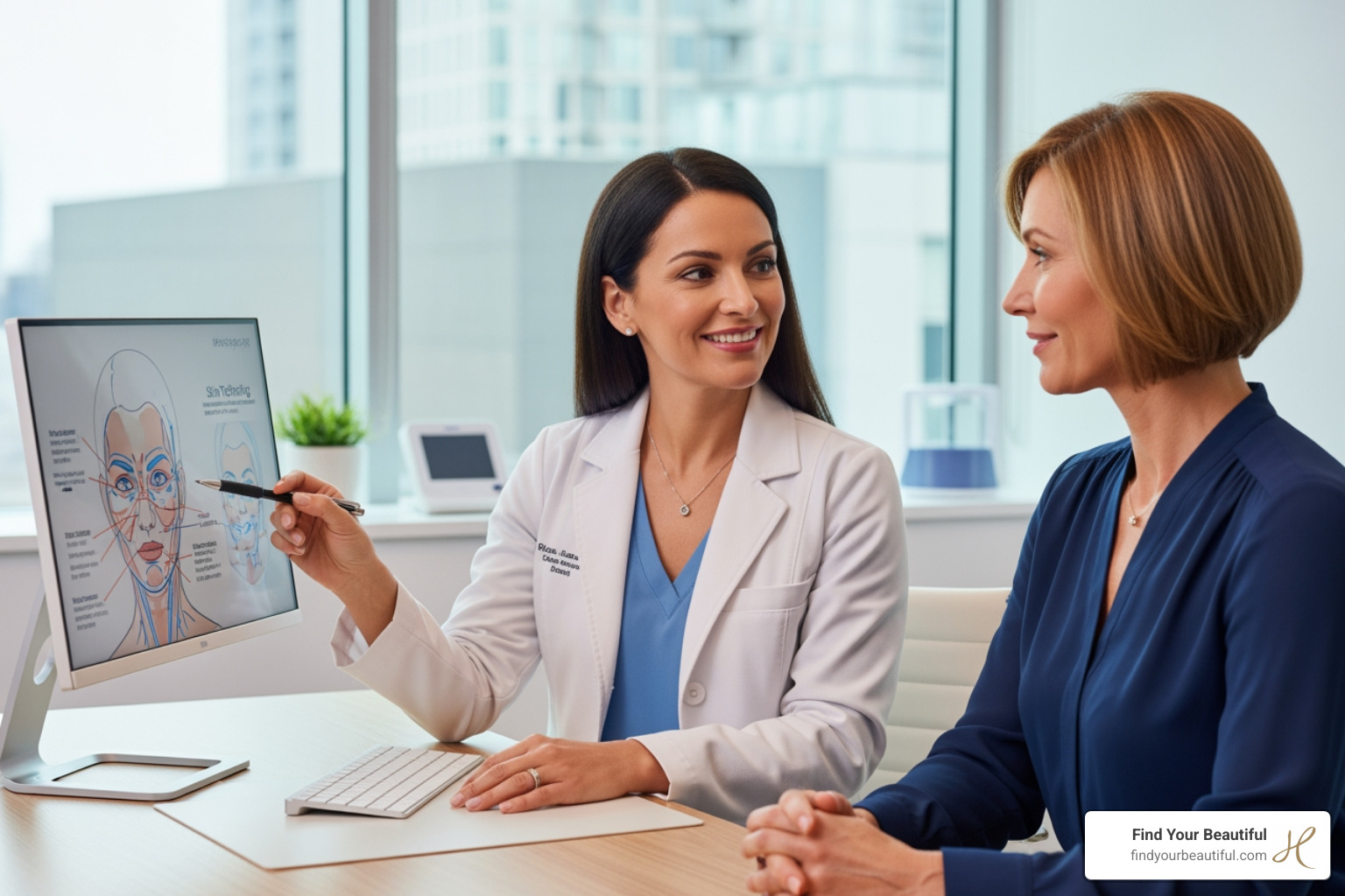 Doctor consulting with a patient about skin tightening options - renuvion vs ultherapy vs morpheus8 Doctor consulting with a patient about skin tightening options - renuvion vs ultherapy vs morpheus8