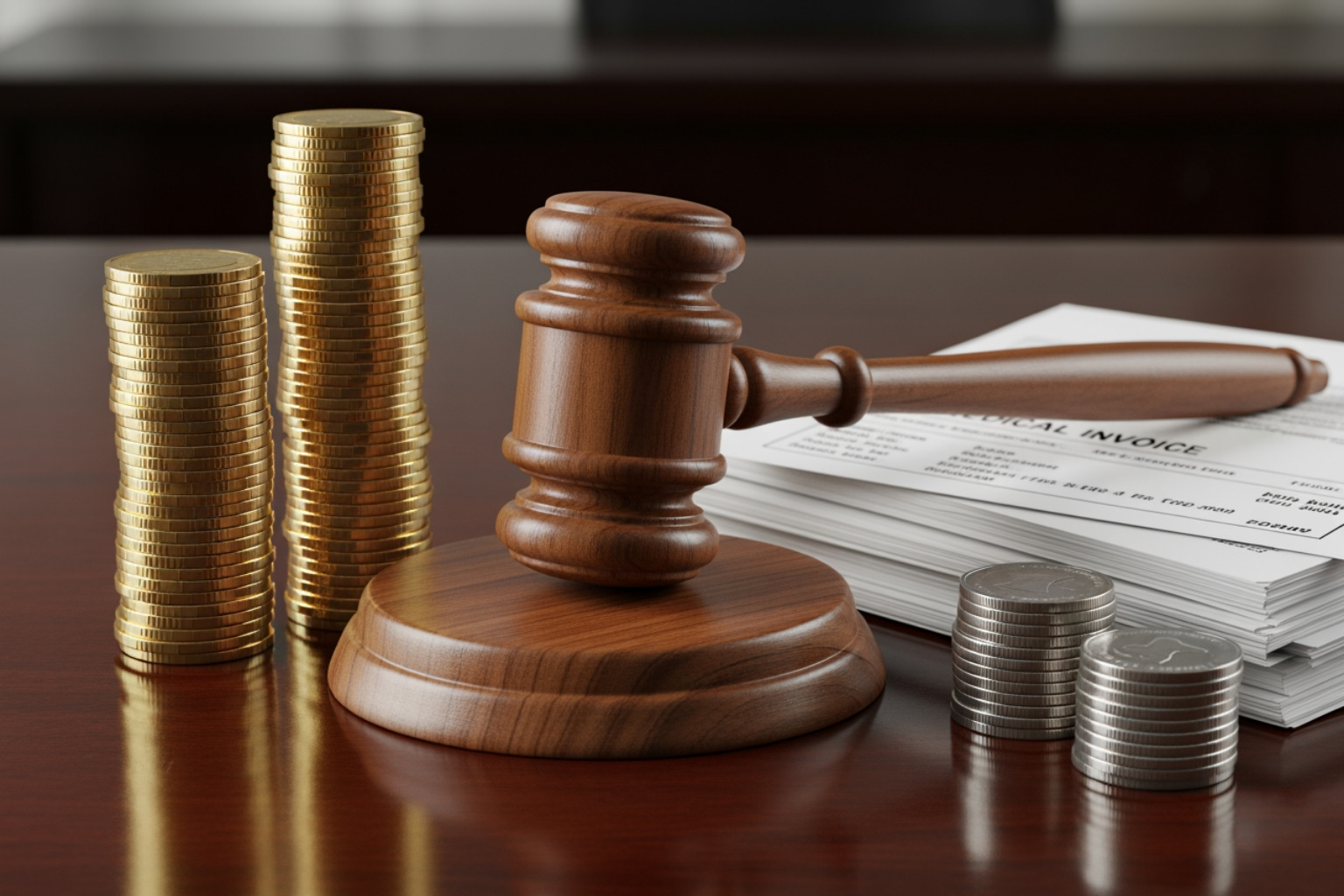 Gavel next to stacks of coins and medical bills, representing damages - defective product law