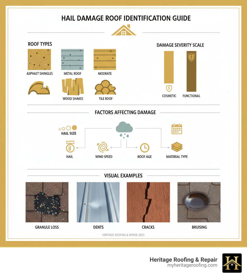 Infographic showing hail damage identification guide with sections for different roof types, damage severity scale from cosmetic to functional, factors affecting damage including hail size, wind speed, roof age, and material type, plus visual examples of granule loss, dents, cracks, and bruising patterns - Hail damage roof infographic Infographic showing hail damage identification guide with sections for different roof types, damage severity scale from cosmetic to functional, factors affecting damage including hail size, wind speed, roof age, and material type, plus visual examples of granule loss, dents, cracks, and bruising patterns - Hail damage roof infographic