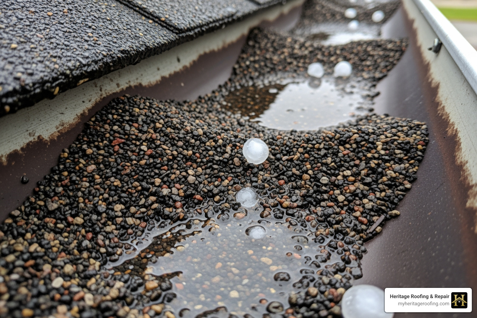 Shingle granules collected in a gutter after a hailstorm - Hail damage roof Shingle granules collected in a gutter after a hailstorm - Hail damage roof