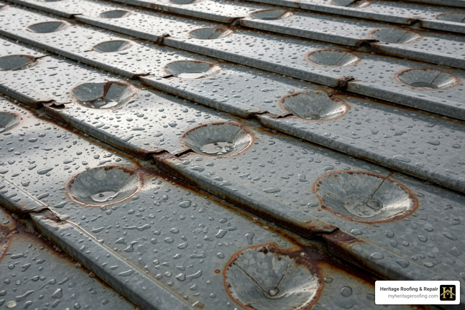 Dented metal roof panel showing the impact of a large hailstone - Hail damage roof Dented metal roof panel showing the impact of a large hailstone - Hail damage roof