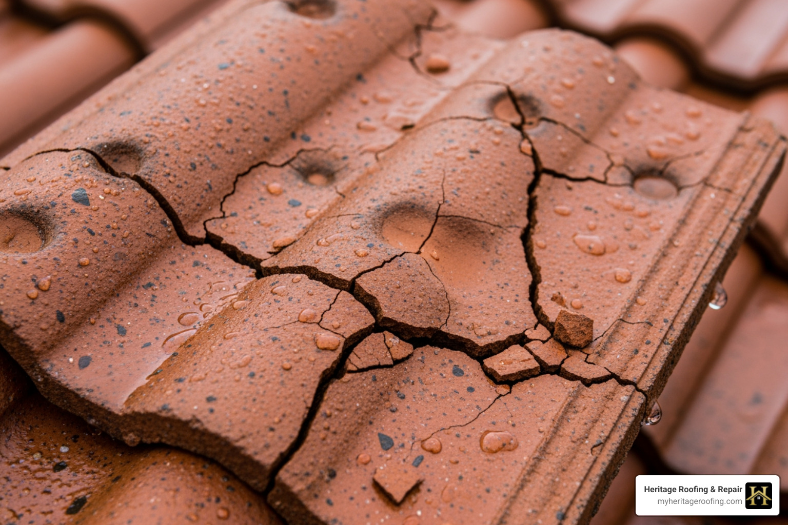 Cracked clay tile on a roof - Hail damage roof Cracked clay tile on a roof - Hail damage roof