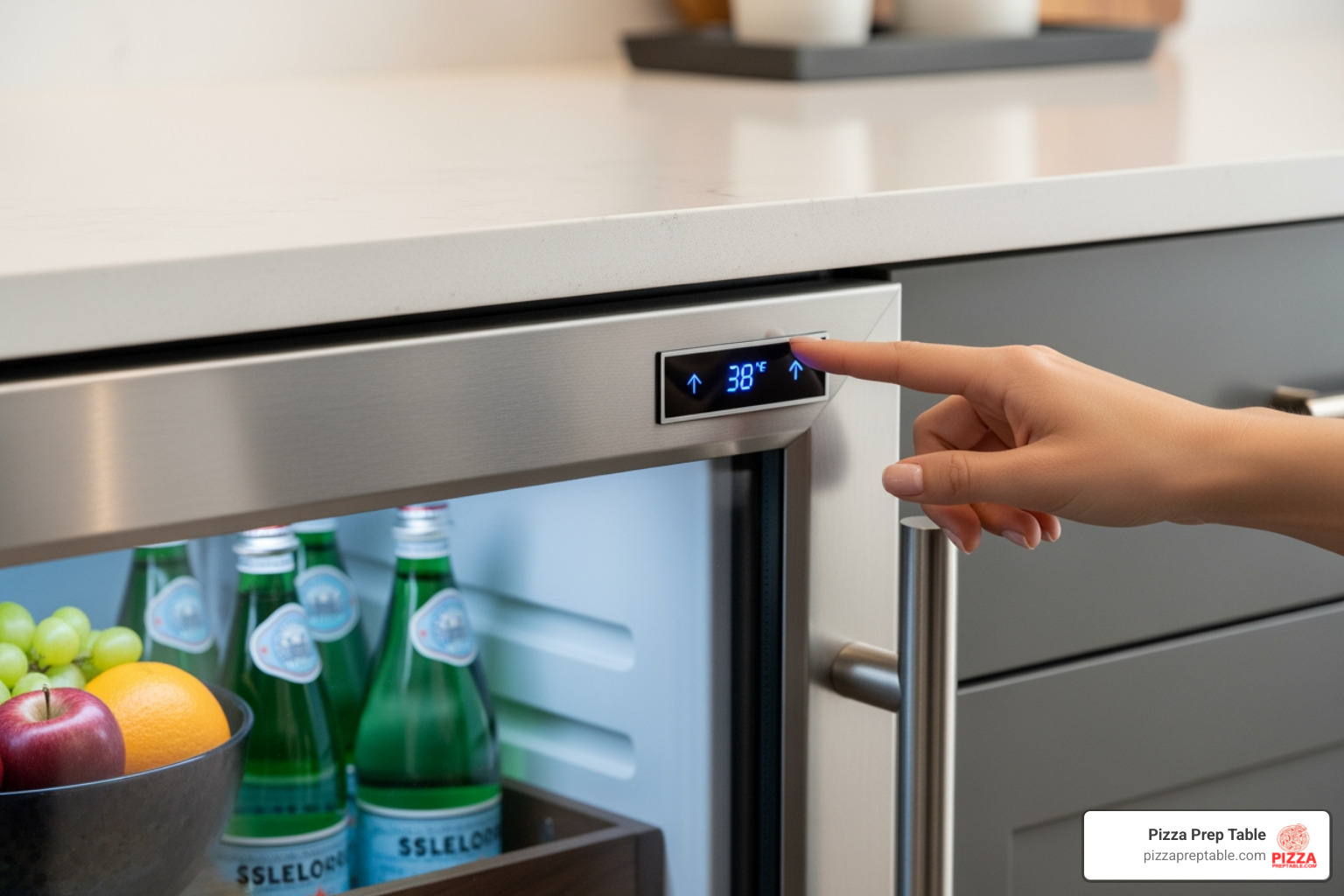 A person adjusting the digital temperature control on a sleek, stainless steel undercounter refrigerator with a glass door - glass door undercounter refrigerator A person adjusting the digital temperature control on a sleek, stainless steel undercounter refrigerator with a glass door - glass door undercounter refrigerator