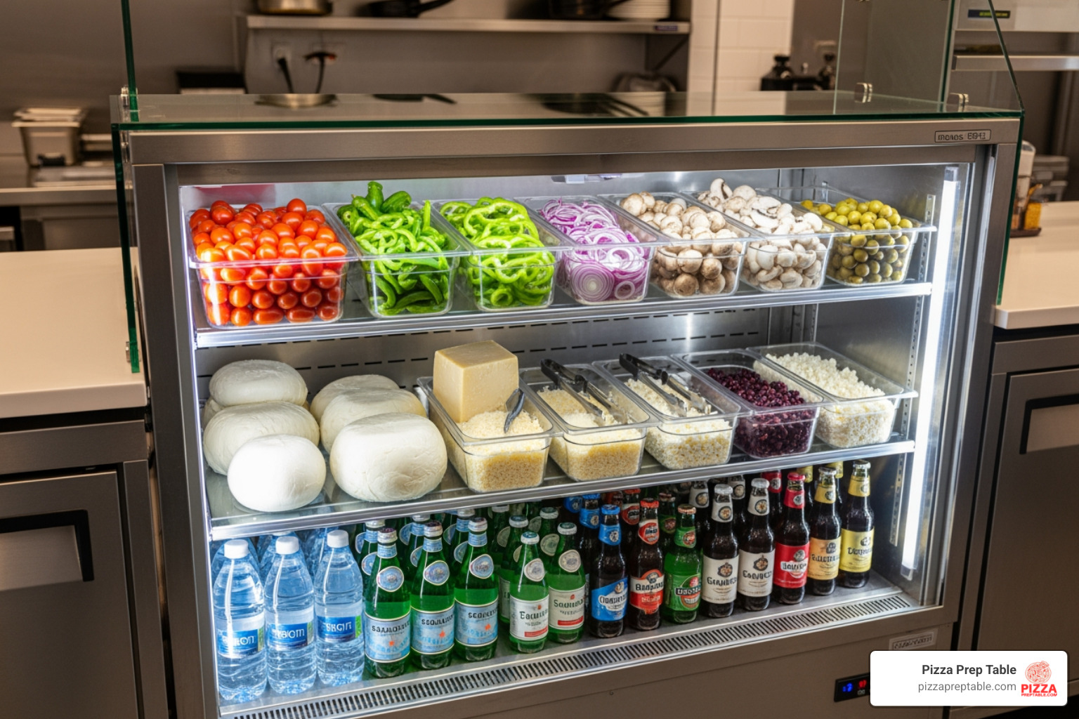 A well-stocked glass door undercounter refrigerator integrated into a modern commercial pizzeria counter, showcasing fresh ingredients and beverages ready for service. - glass door undercounter refrigerator A well-stocked glass door undercounter refrigerator integrated into a modern commercial pizzeria counter, showcasing fresh ingredients and beverages ready for service. - glass door undercounter refrigerator