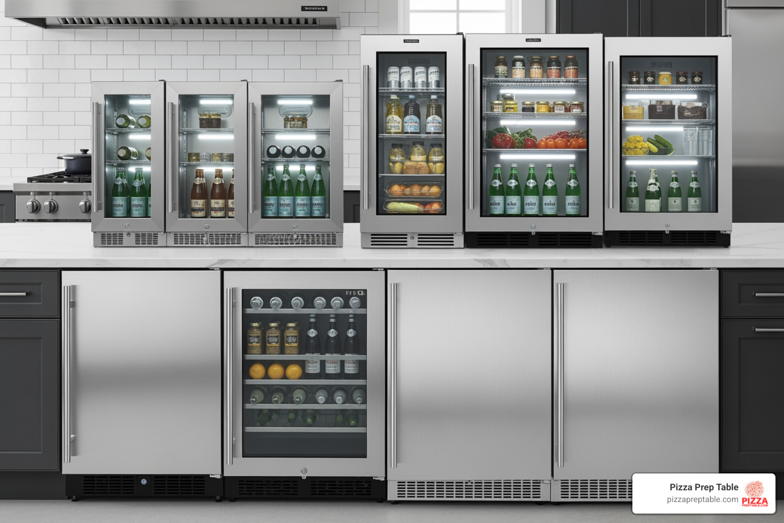 A lineup of sleek, stainless steel undercounter refrigerators from various top brands, featuring both glass and solid doors, showcasing diverse designs and sizes. - glass door undercounter refrigerator A lineup of sleek, stainless steel undercounter refrigerators from various top brands, featuring both glass and solid doors, showcasing diverse designs and sizes. - glass door undercounter refrigerator
