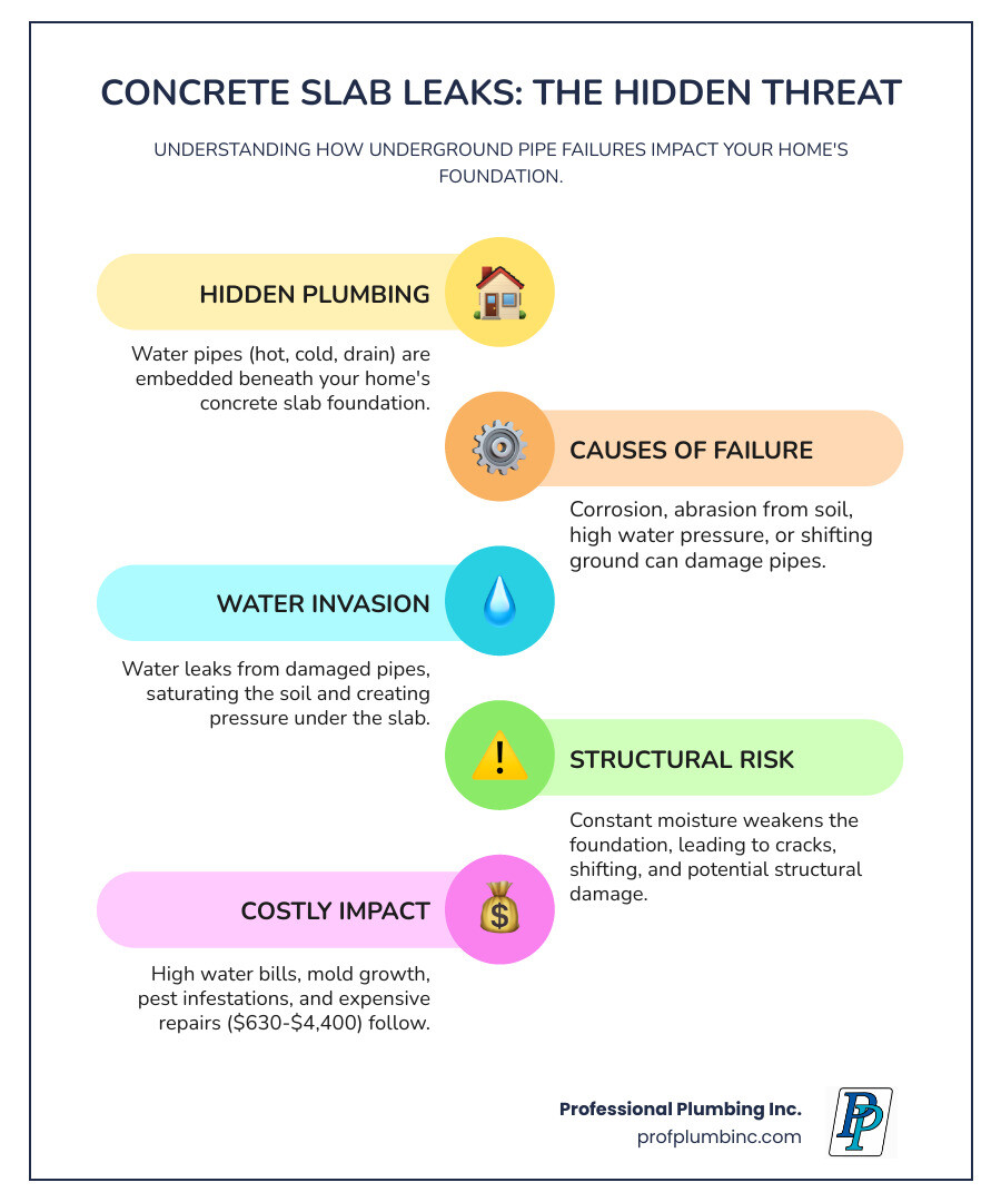 Infographic showing a cross-section of a home foundation with labeled water pipes beneath the concrete slab, indicating common leak points where pipes pass through the foundation, areas of soil pressure, and zones of potential corrosion, with arrows showing how water escapes and affects the surrounding soil and foundation structure - Concrete slab leak infographic infographic-line-5-steps-colors