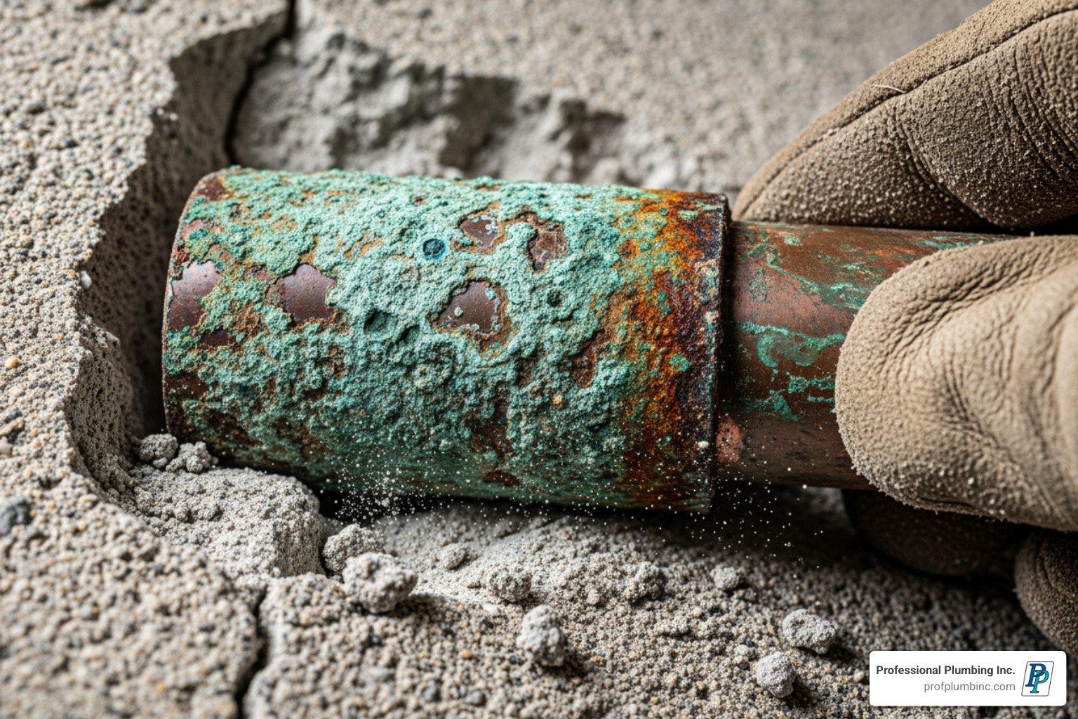 A close-up image of an old, corroded copper pipe segment being removed from a concrete slab, with visible signs of green oxidation and pitting, highlighting the destructive effects of pipe degradation - Concrete slab leak