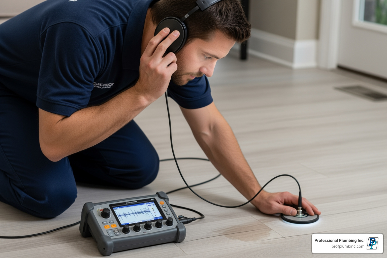 A plumber in uniform using specialized electronic listening equipment on a residential floor to pinpoint the exact location of a hidden slab leak, with a focus on the precise and non-invasive detection process - Concrete slab leak