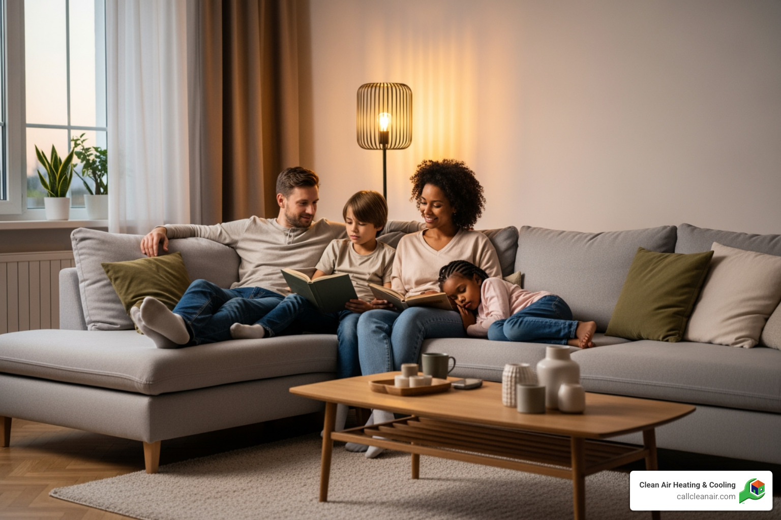 family comfortably enjoying living room - hvac maintenance plans