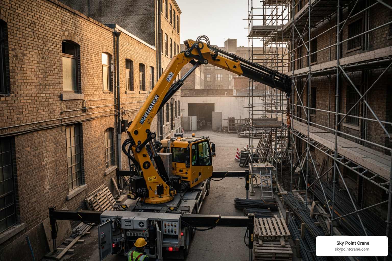 knuckle boom truck working in a confined area - Boom truck rental