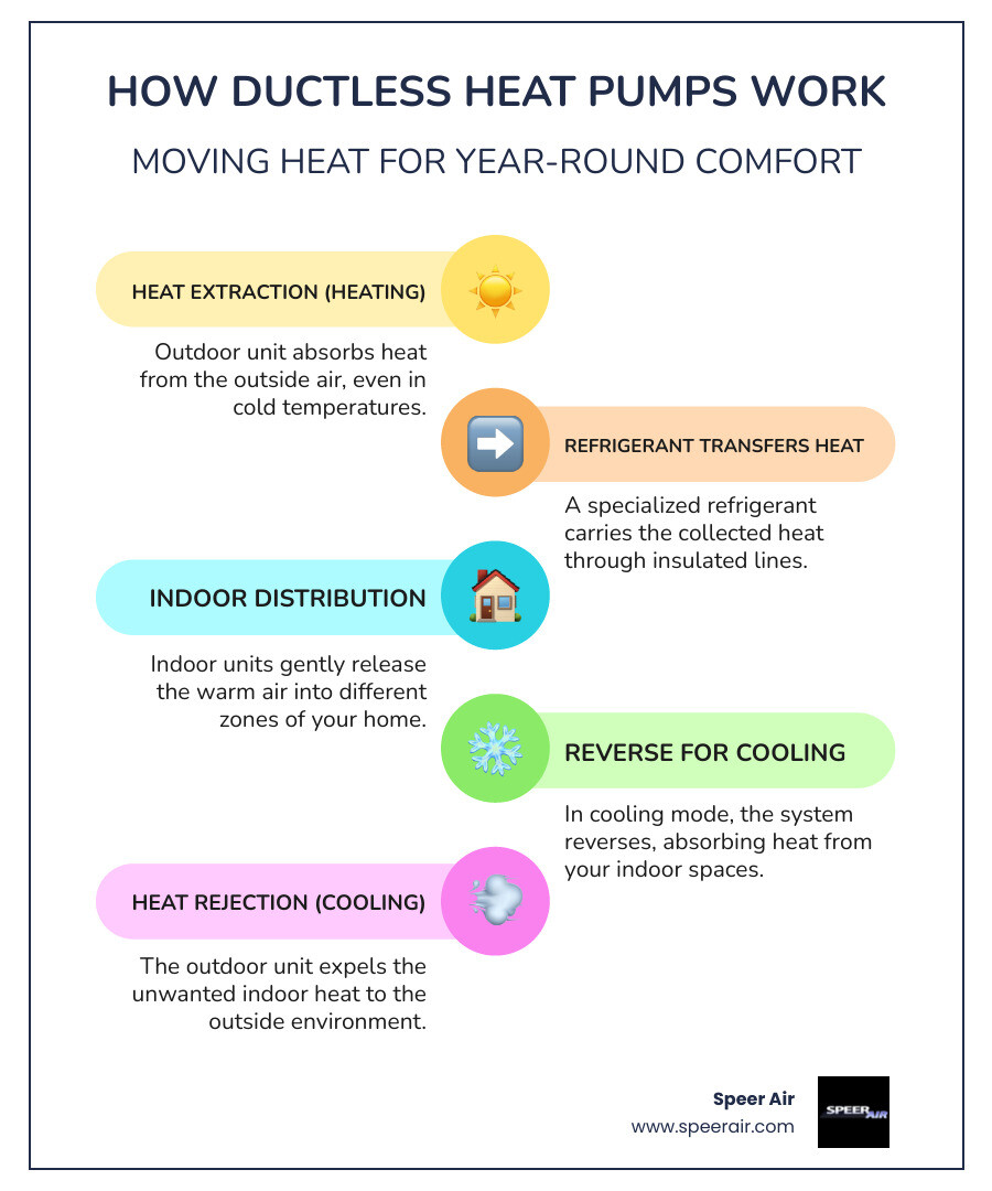 Infographic showing how ductless heat pumps work: outdoor unit extracts heat from outside air, refrigerant lines carry heat indoors, indoor units distribute warm or cool air into rooms, with arrows showing the heat transfer process for both heating and cooling modes - ductless heat pump installation rockaway infographic infographic-line-5-steps-colors Infographic showing how ductless heat pumps work: outdoor unit extracts heat from outside air, refrigerant lines carry heat indoors, indoor units distribute warm or cool air into rooms, with arrows showing the heat transfer process for both heating and cooling modes - ductless heat pump installation rockaway infographic infographic-line-5-steps-colors
