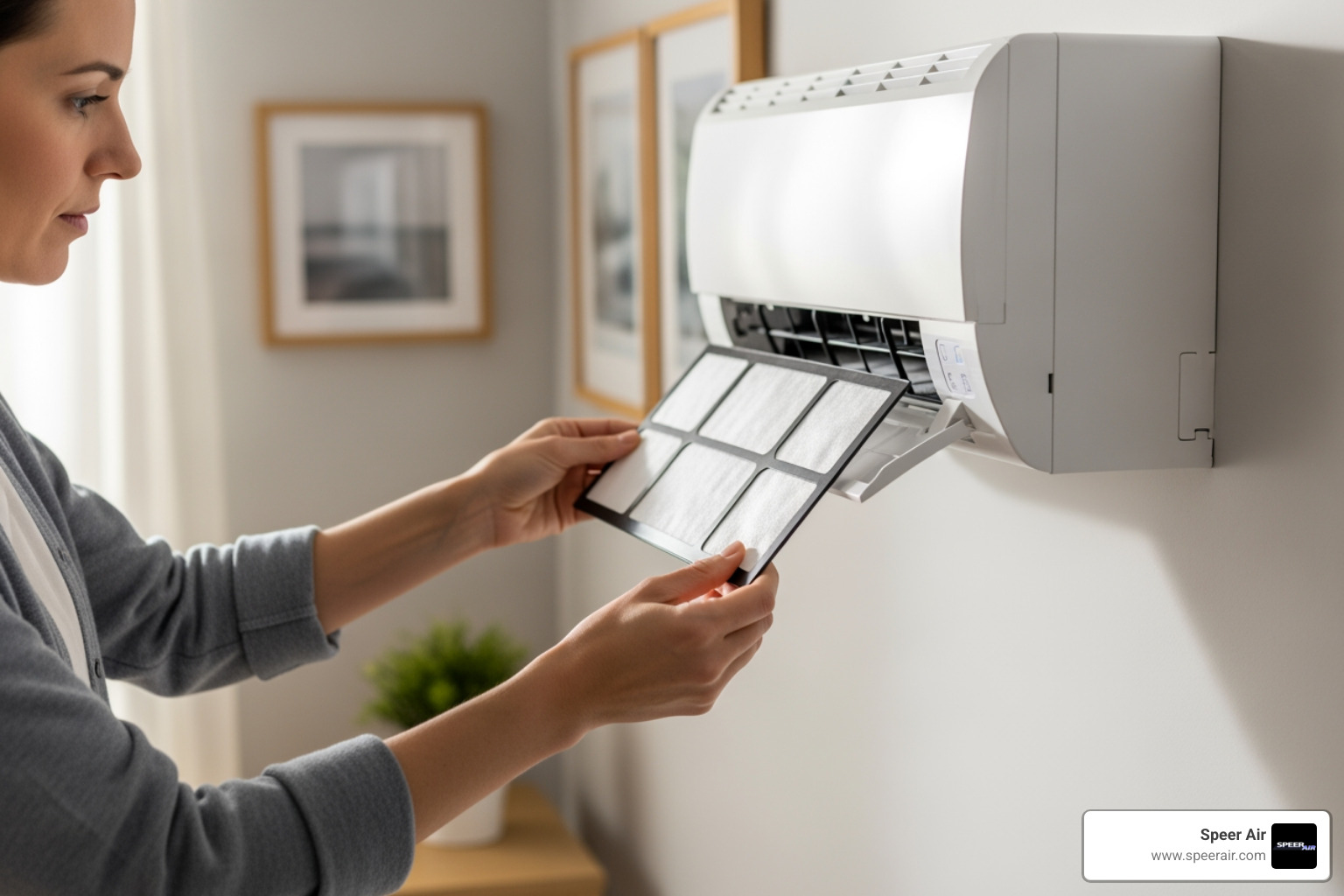 Homeowner easily cleaning the filter of an indoor ductless unit, showcasing the simplicity of routine maintenance - ductless heat pump installation rockaway Homeowner easily cleaning the filter of an indoor ductless unit, showcasing the simplicity of routine maintenance - ductless heat pump installation rockaway