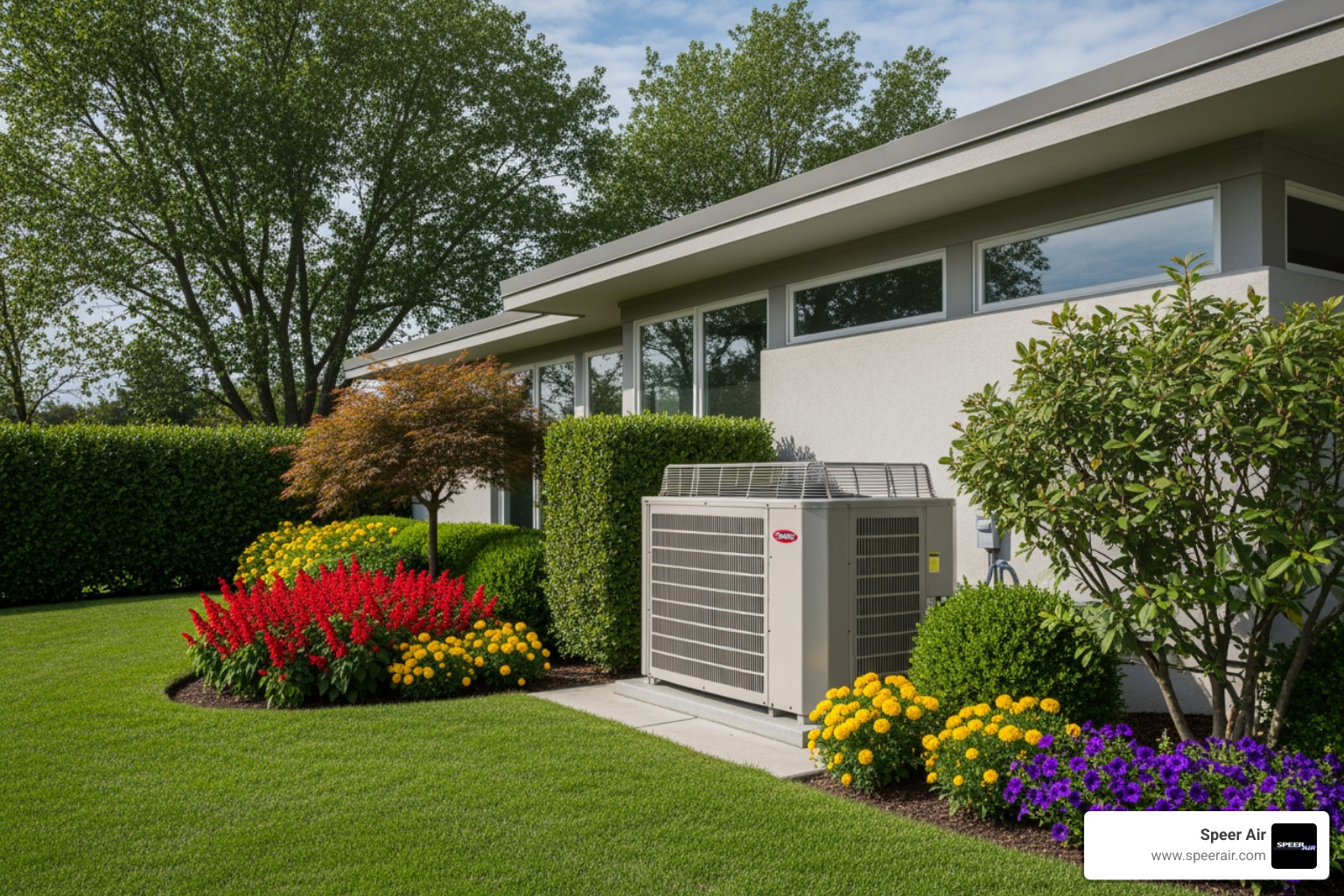 Outdoor condenser unit neatly installed beside a modern house with lush landscaping - ductless heat pump installation rockaway Outdoor condenser unit neatly installed beside a modern house with lush landscaping - ductless heat pump installation rockaway