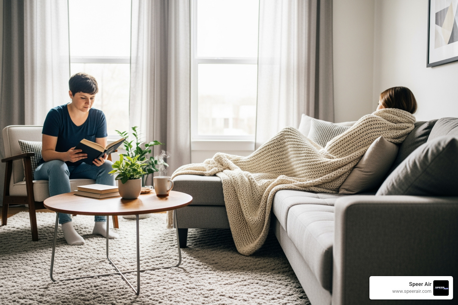 Family enjoying different temperatures in separate rooms, with one person wrapped in a blanket on a couch and another in a t-shirt reading a book nearby - ductless heat pump installation rockaway Family enjoying different temperatures in separate rooms, with one person wrapped in a blanket on a couch and another in a t-shirt reading a book nearby - ductless heat pump installation rockaway
