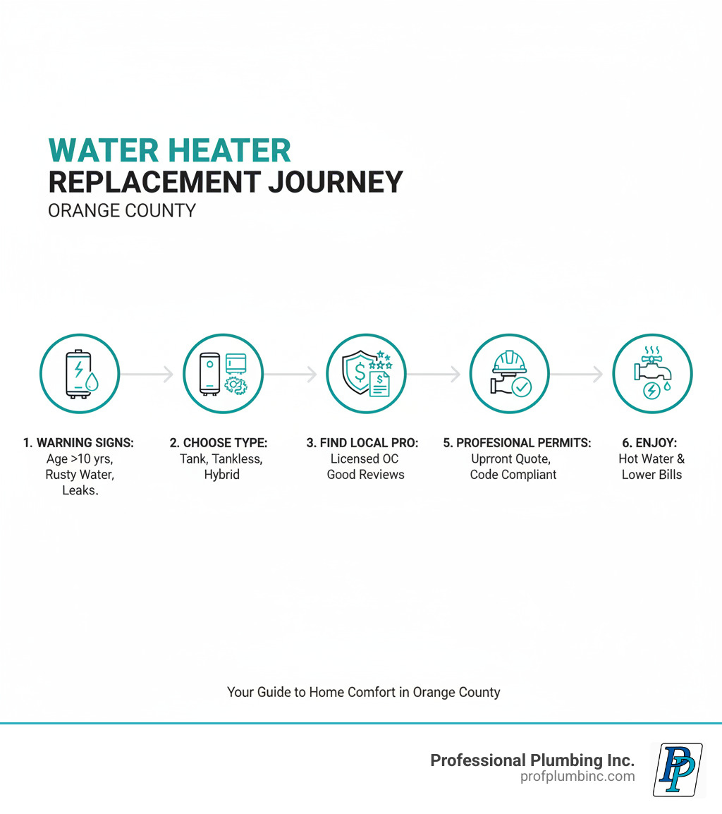 Infographic showing the water heater replacement journey: 1) Identify warning signs like age over 10 years, rusty water, or leaks, 2) Choose your water heater type - tank, tankless, or hybrid, 3) Find a licensed Orange County installer with good reviews, 4) Get upfront pricing and verify permits, 5) Professional installation with code compliance, 6) Enjoy reliable hot water and lower energy bills - water heater installation orange county infographic 