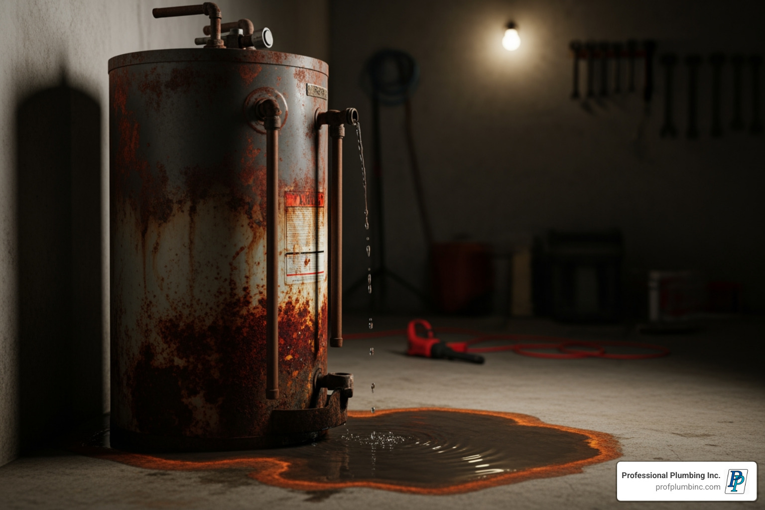 A rusty, leaking water heater with a puddle on the floor in a garage. - water heater installation orange county