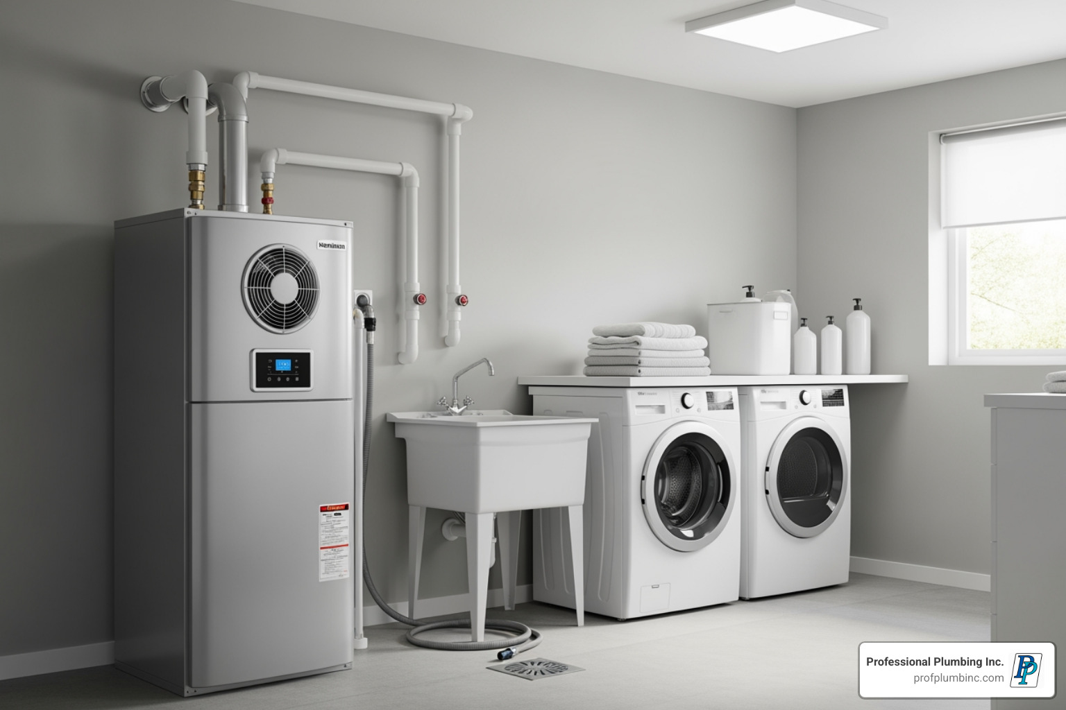 A modern hybrid heat pump water heater installed in a utility room. - water heater installation orange county