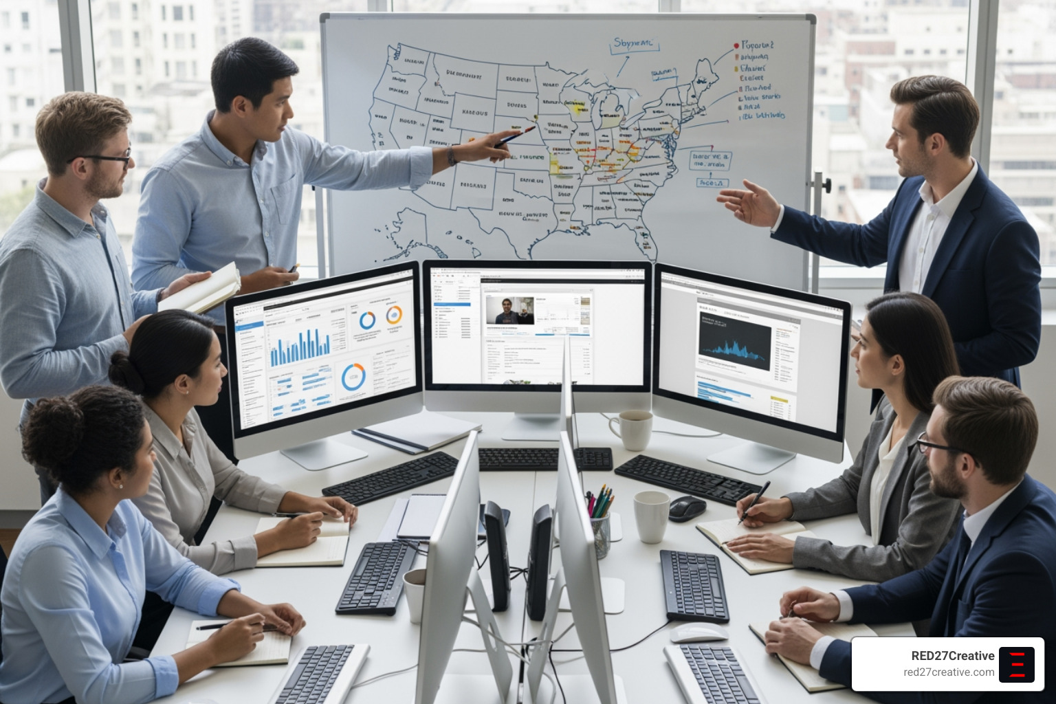 A team of SEO specialists collaborating on a multi-location SEO strategy with charts and data. Alt text: "SEO specialists collaborating on multi-location franchise SEO strategy." - SEO for franchises A team of SEO specialists collaborating on a multi-location SEO strategy with charts and data. Alt text: "SEO specialists collaborating on multi-location franchise SEO strategy." - SEO for franchises