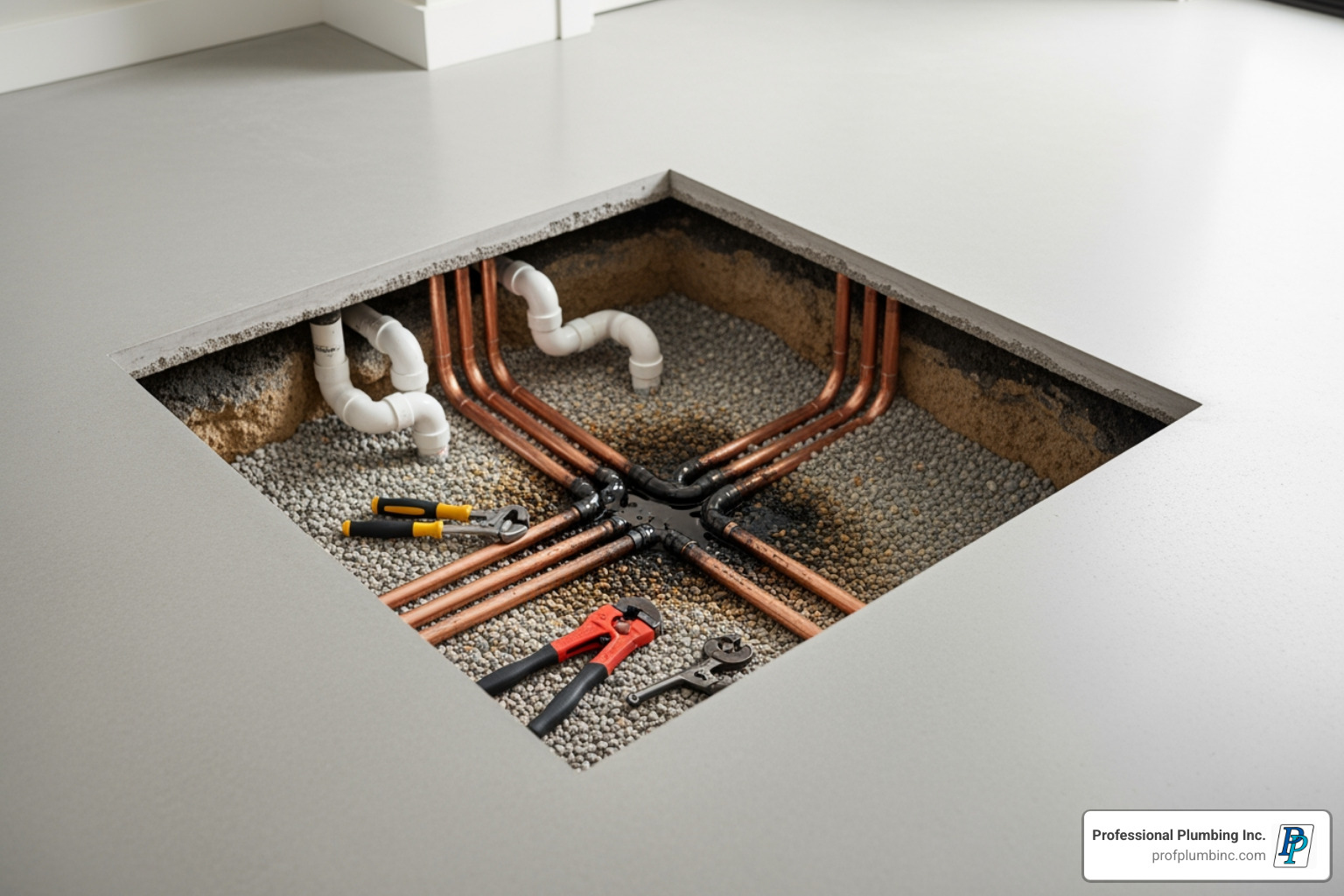 of a small, neat square cut out of a floor for a spot repair - concrete slab leak detection