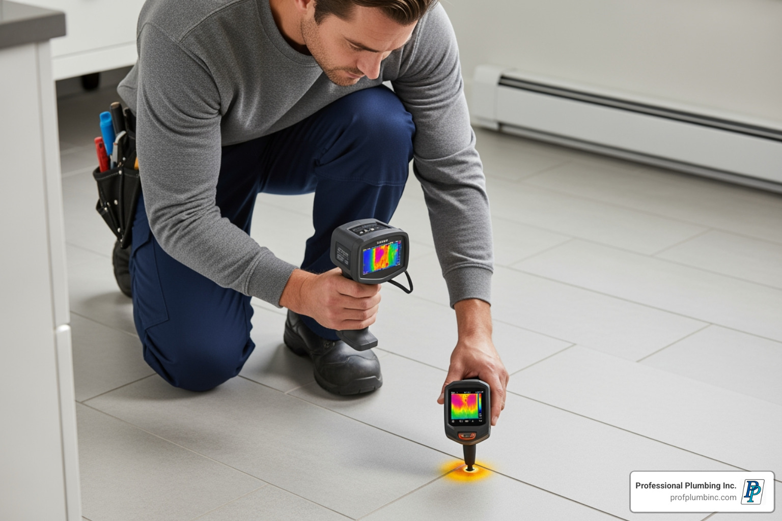 of a plumber using a thermal imaging camera on a floor - concrete slab leak detection
