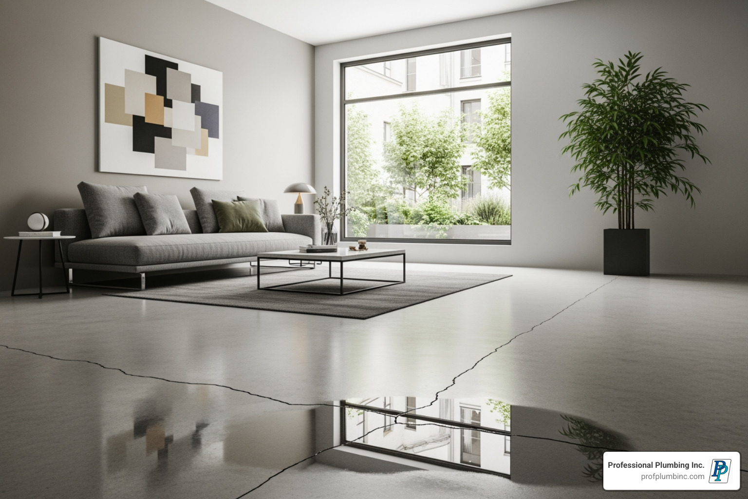 of a clean, modern living room with a subtle crack on the concrete floor where a small puddle of water is forming - concrete slab leak detection