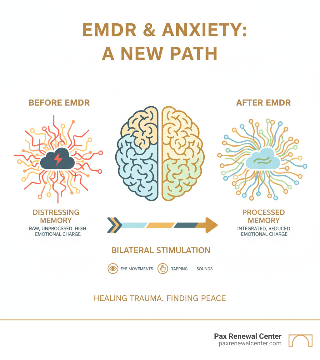 infographic showing how EMDR helps reprocess anxiety-triggering memories through bilateral stimulation, moving from distressing memories stored in raw form to processed memories with reduced emotional charge, illustrated with brain pathways in brand colors - EMDR for anxiety infographic 