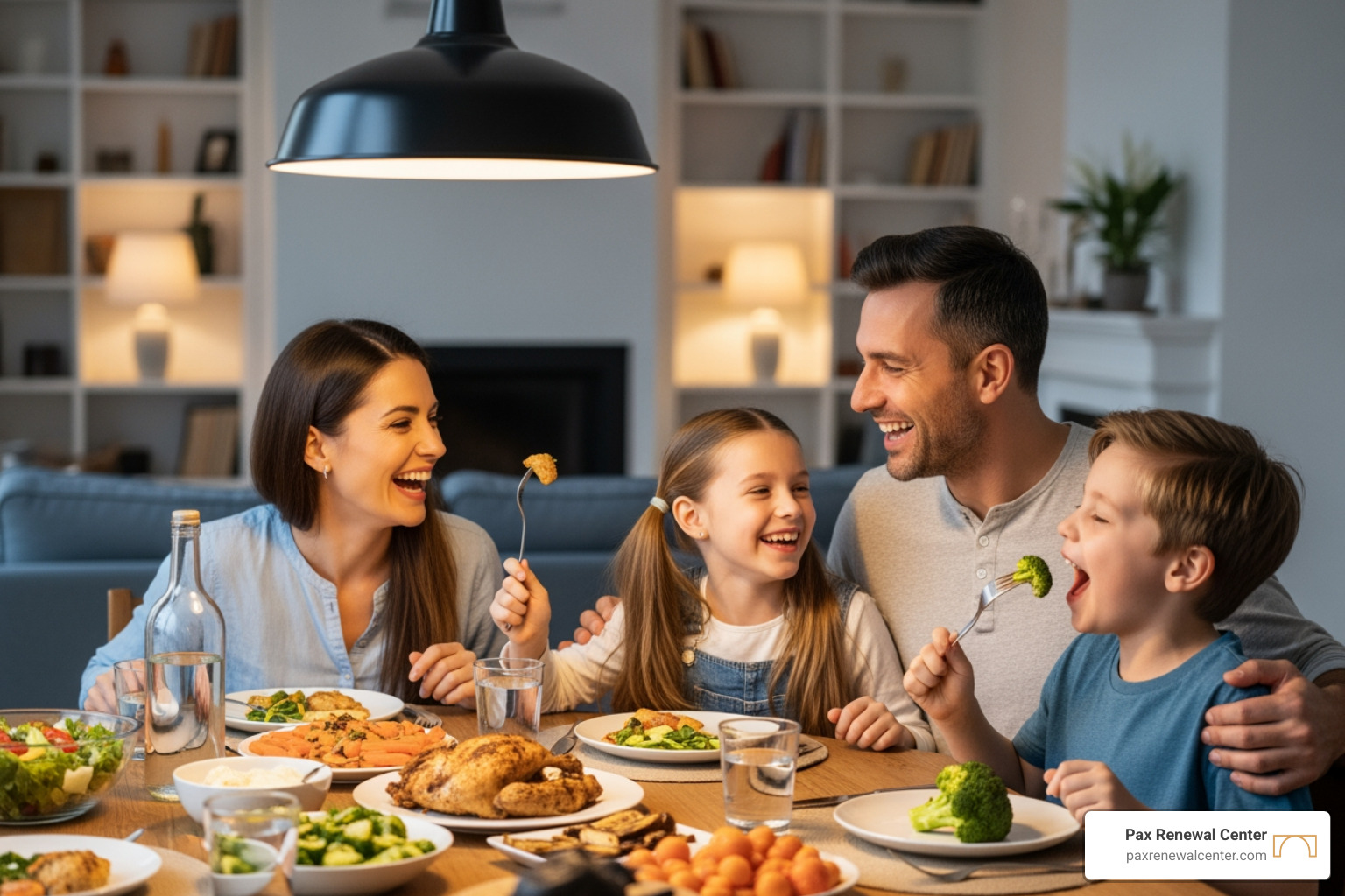 A family eating dinner together and laughing - Catholic marriage help