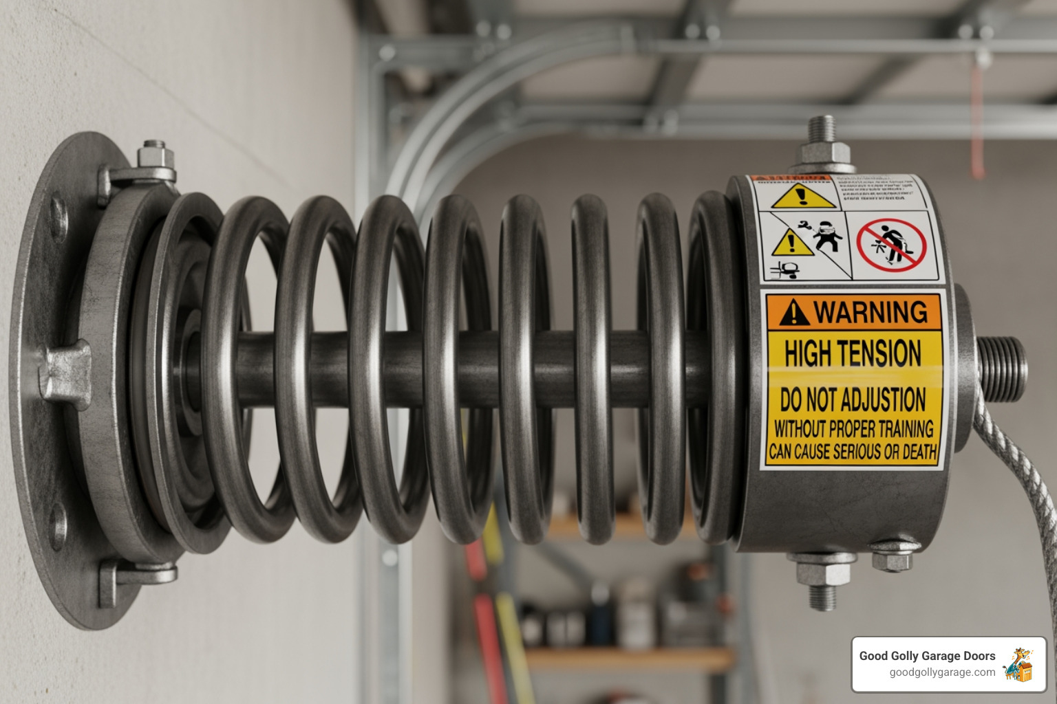 garage door torsion spring with a warning label - garage door repairs