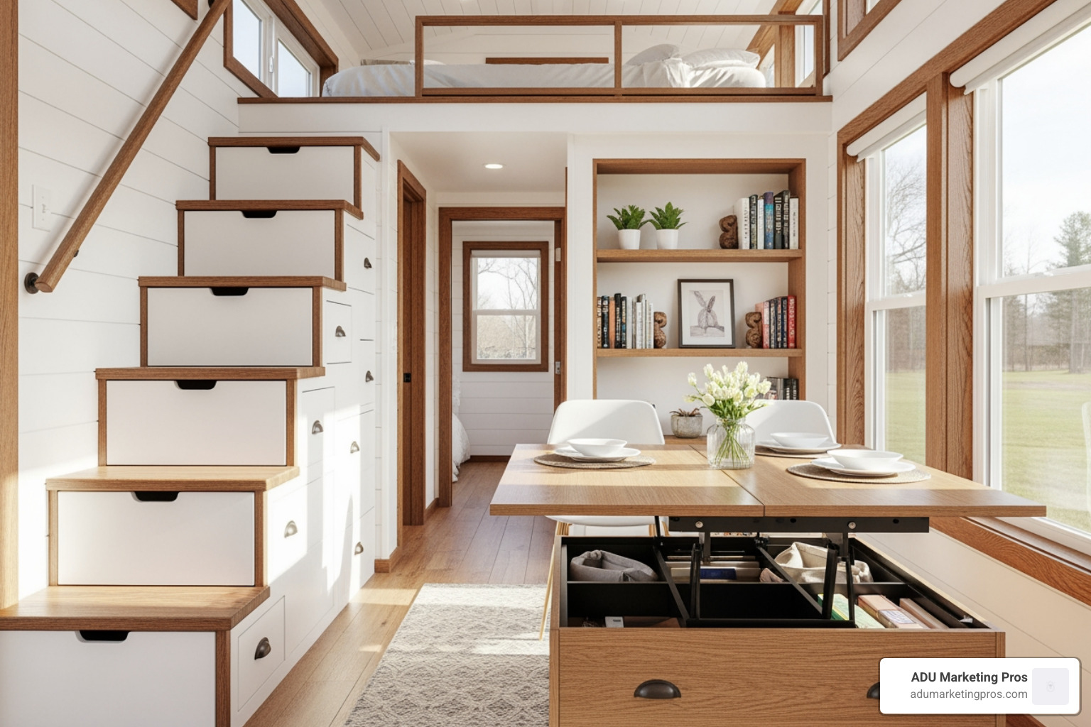 Clever storage solutions in a tiny house, featuring drawers integrated into a staircase leading to a loft bedroom, built-in shelving, and multi-functional furniture. - tiny house blueprints and plans Clever storage solutions in a tiny house, featuring drawers integrated into a staircase leading to a loft bedroom, built-in shelving, and multi-functional furniture. - tiny house blueprints and plans
