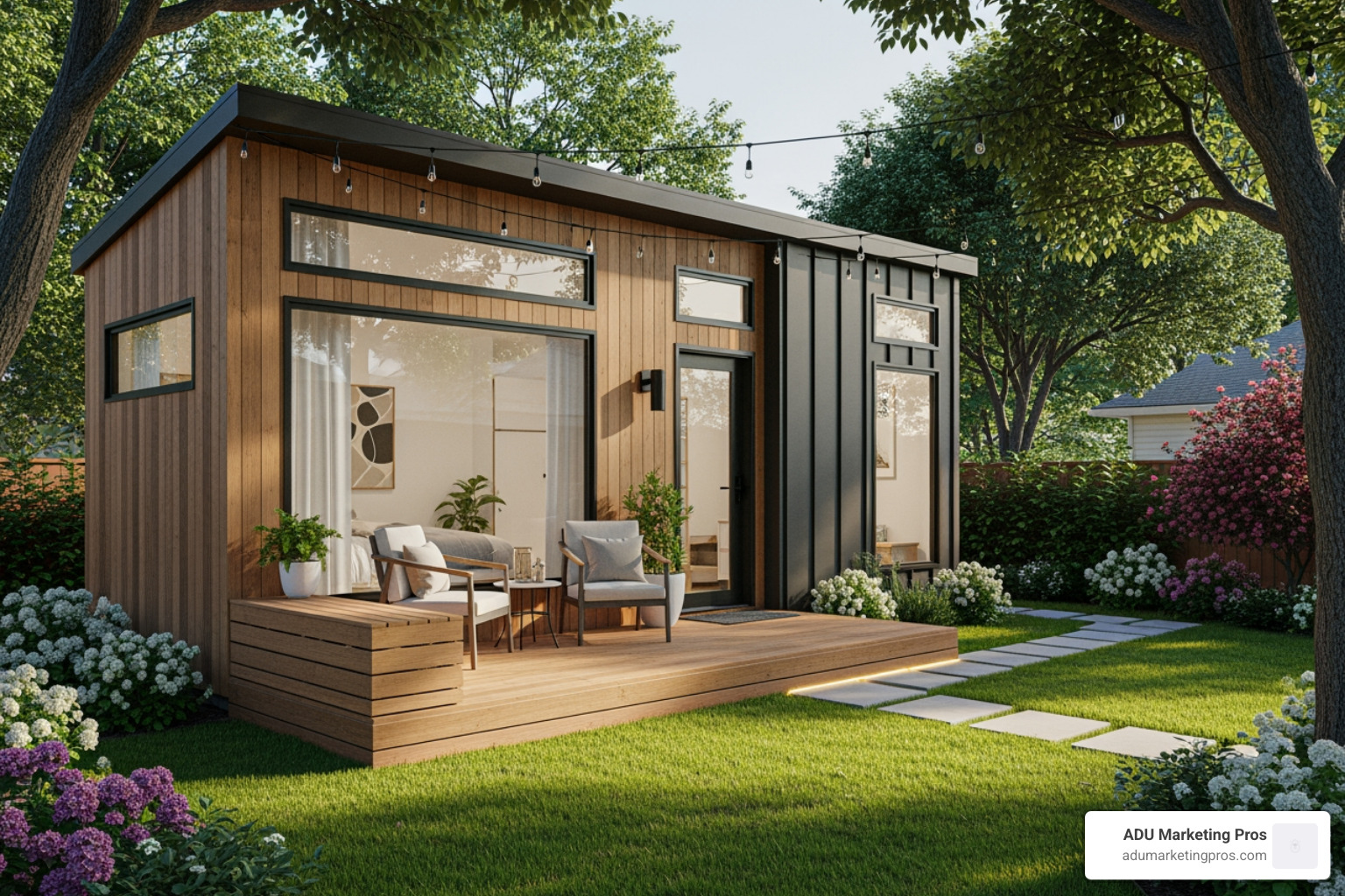 A stylish tiny house with a modern minimalist design situated in a lush backyard, featuring a small deck and large windows, perfect as a guest suite or rental unit. - tiny house blueprints and plans A stylish tiny house with a modern minimalist design situated in a lush backyard, featuring a small deck and large windows, perfect as a guest suite or rental unit. - tiny house blueprints and plans