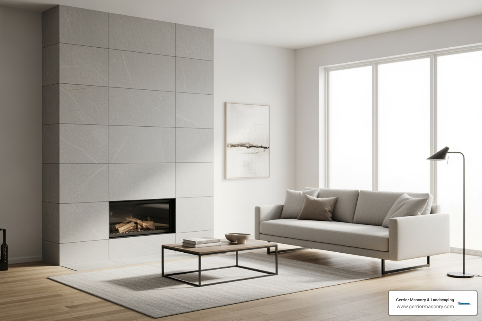 Minimalist living room with a large-format tile stone fireplace - Modern stone fireplace