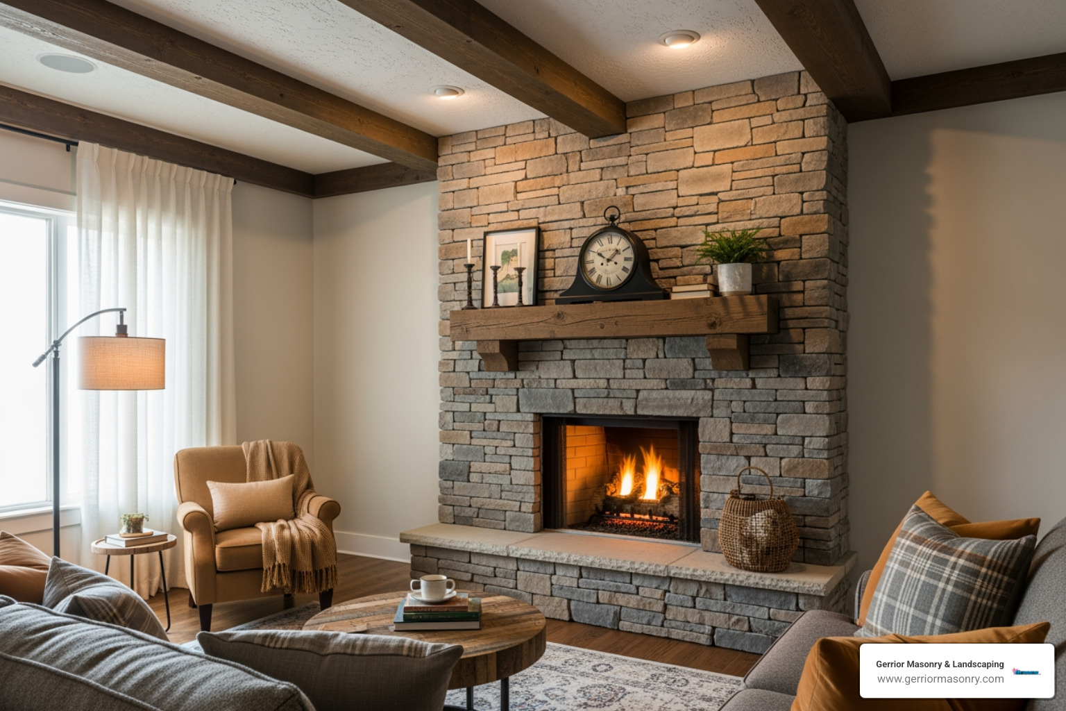 Cozy room with a stacked stone fireplace and wood beams - Modern stone fireplace