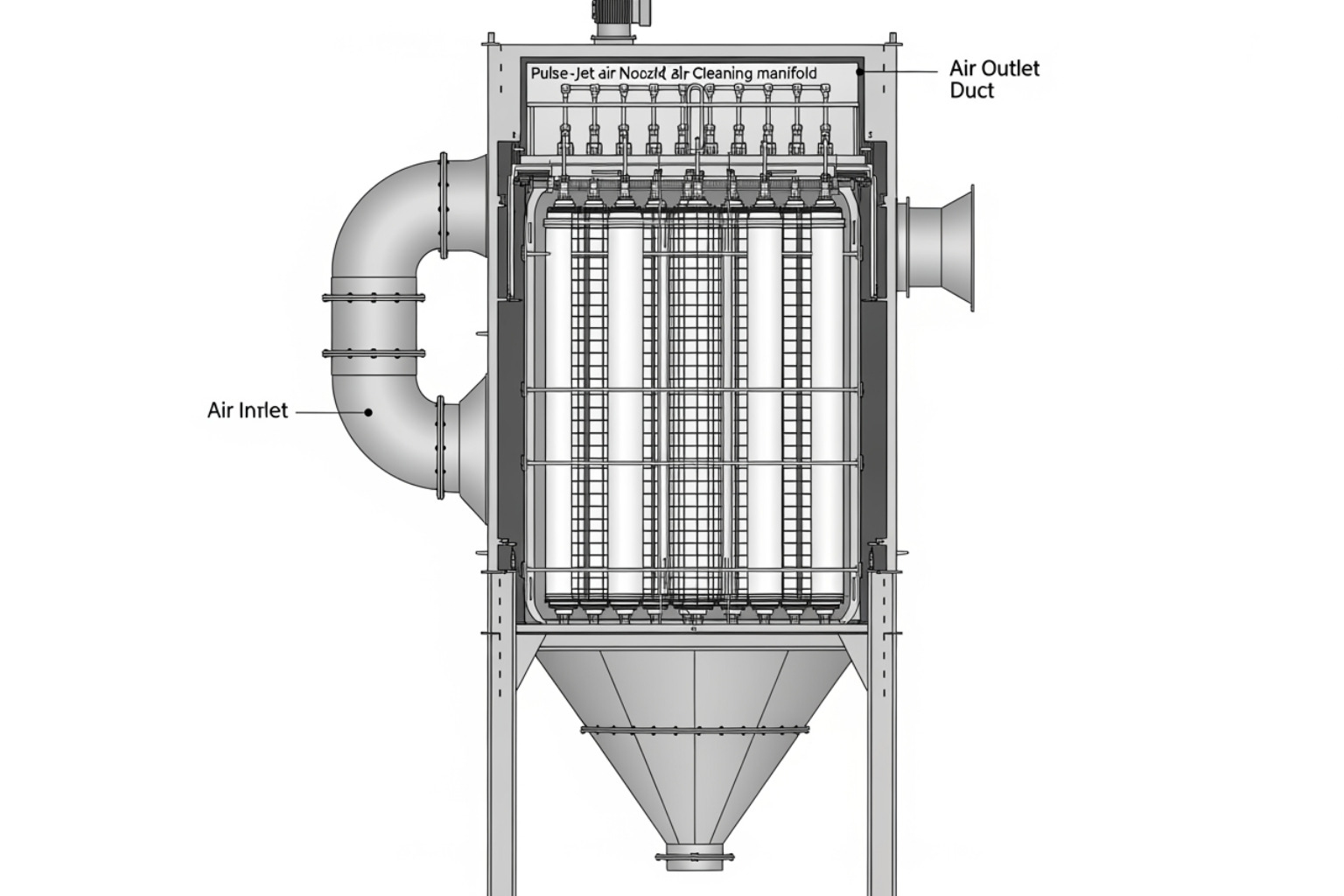 Cutaway diagram of a baghouse dust collector with labels for key components like housing, filter bags, cages, hopper, inlet, outlet, fan, and cleaning system - baghouse dust collector filters Cutaway diagram of a baghouse dust collector with labels for key components like housing, filter bags, cages, hopper, inlet, outlet, fan, and cleaning system - baghouse dust collector filters