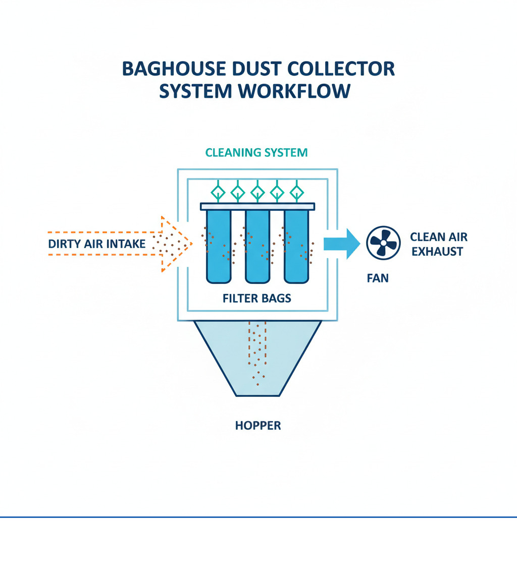 Infographic showing the workflow of a baghouse dust collector system from dirty air intake through filter bags capturing dust particles, dust falling into collection hopper, and clean air exhausting from outlet, with labels for housing, filter bags, cleaning system, hopper, and fan - baghouse dust collector filters infographic Infographic showing the workflow of a baghouse dust collector system from dirty air intake through filter bags capturing dust particles, dust falling into collection hopper, and clean air exhausting from outlet, with labels for housing, filter bags, cleaning system, hopper, and fan - baghouse dust collector filters infographic