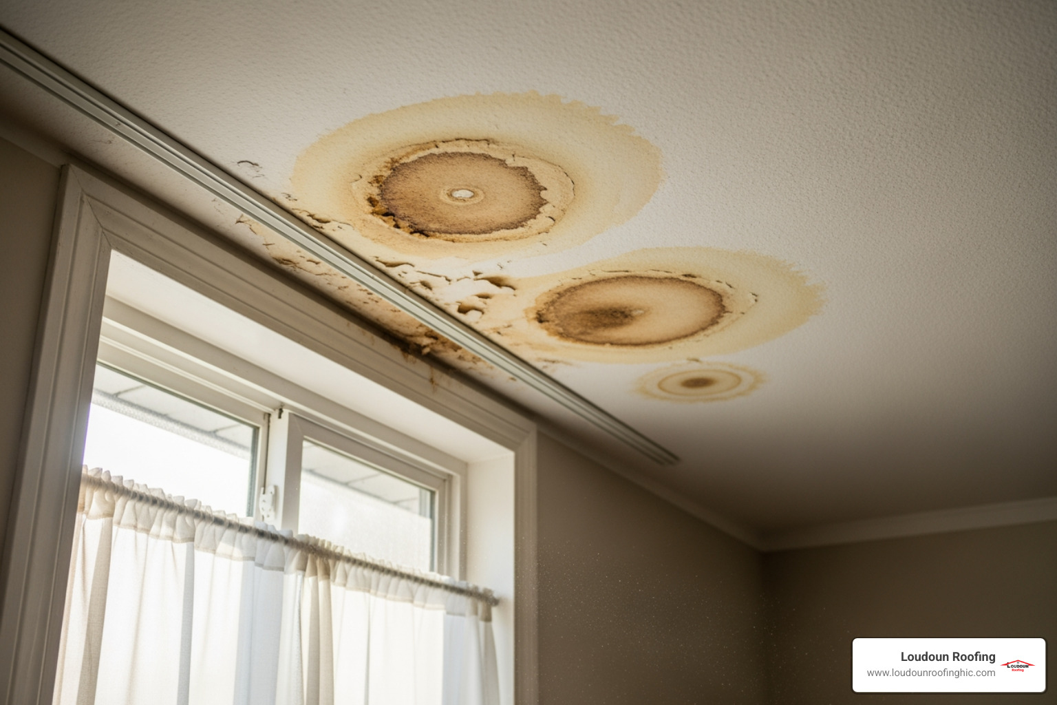water stains visible on an interior ceiling near a window - reliable roof repairs mclean va