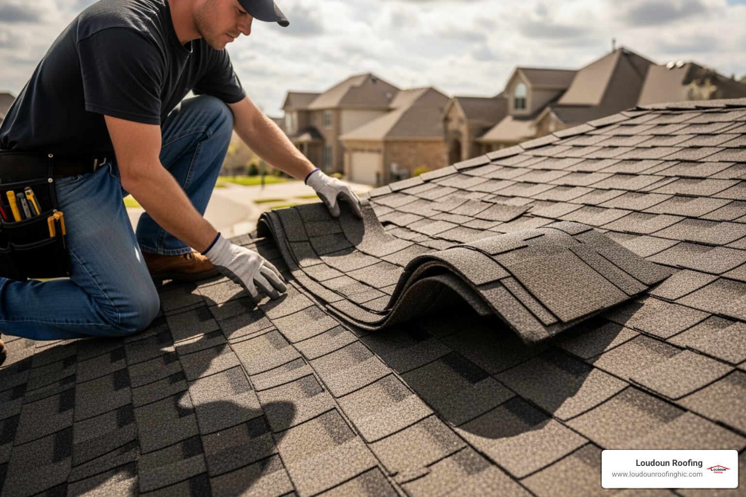 roofer inspecting wind-damaged asphalt shingles - reliable roof repairs mclean va