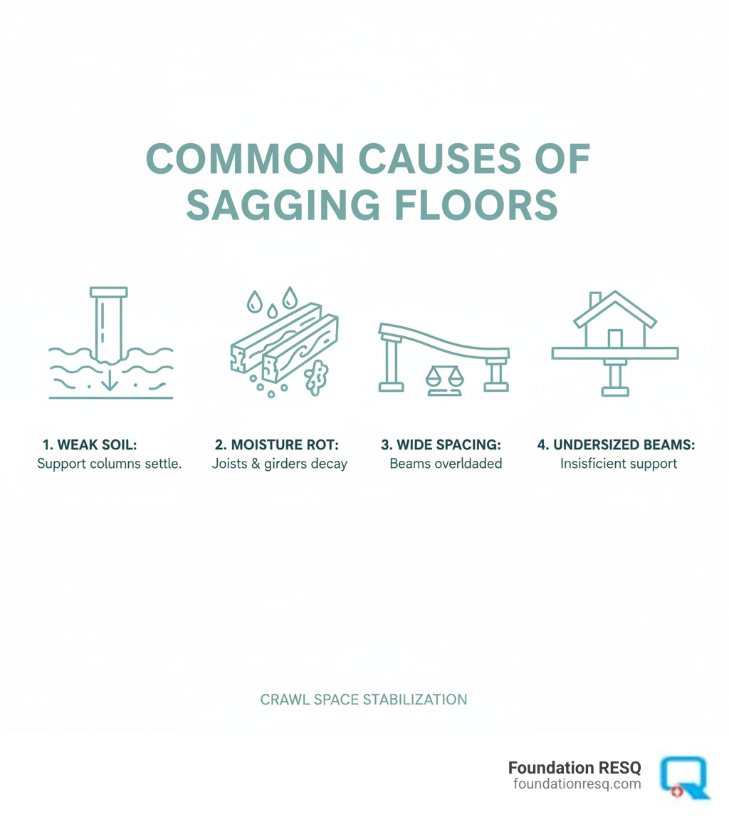 Infographic showing the common causes of sagging floors above a crawl space: support columns settling into weak soil, moisture causing wood rot in floor joists and girders, support columns spaced too far apart creating overloaded beams, and undersized beams unable to handle structural loads - crawl space stabilization infographic 